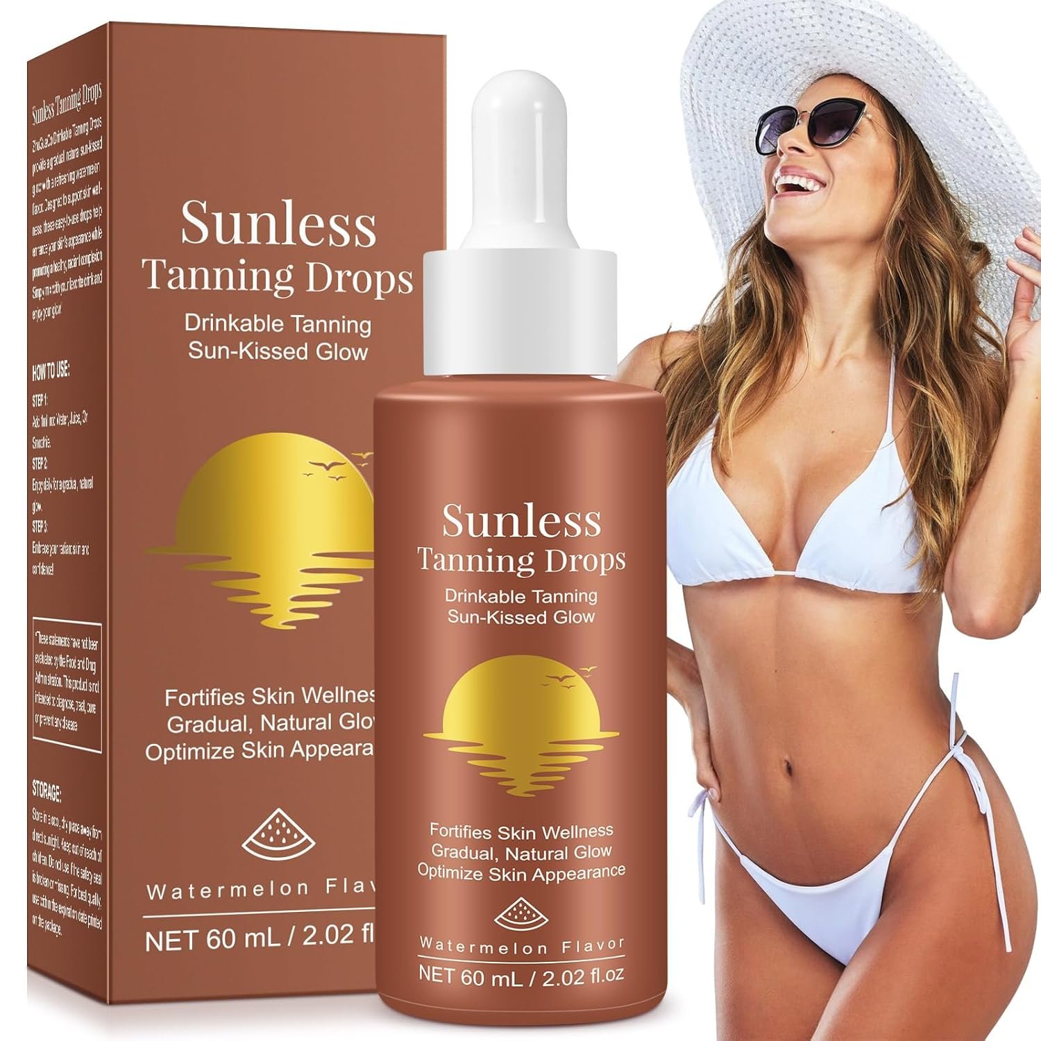 Tanning Drops to Drink Sunless Face & Body Natural Glow, NO Sugar, Vegan, Carotene, Vitamin ACE, L-Tyrosine, All Skin Types Mix Easily with Drinks & Smoothies 60ML