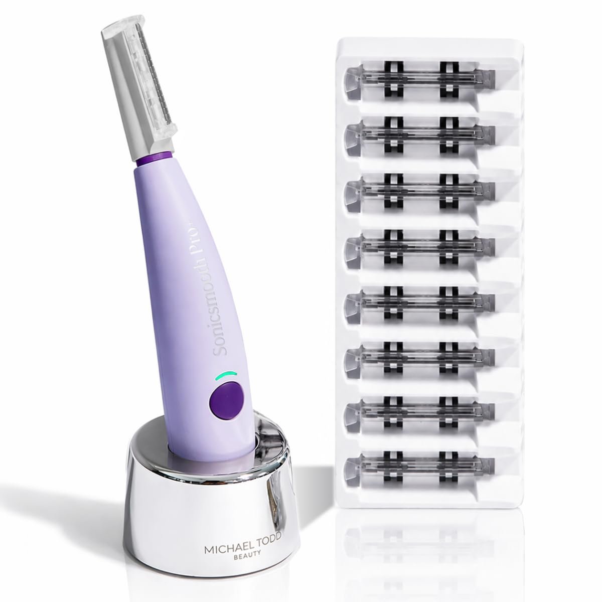 Michael Todd Beauty Sonicsmooth Dermaplane Razor for Women Face + Eyebrow trimmer Dermaplaning System – Peach Fuzz Remover – 8 Weeks of Dermaplaning Blades