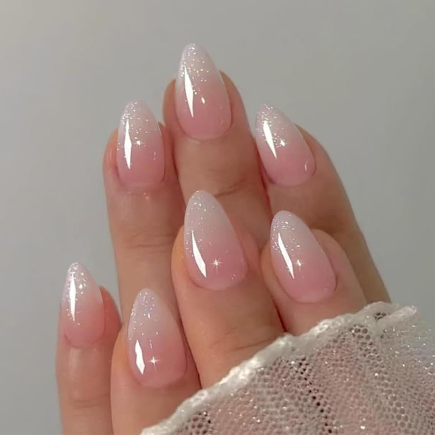 Pink Ombre Acrylic Press on Nails Short Almond Acrylic Nails Press Ons Full Cover Glue on Fake Nail with Silver Glitter Designs Reusable Artificial Stick on False Nail for Women 32Pcs