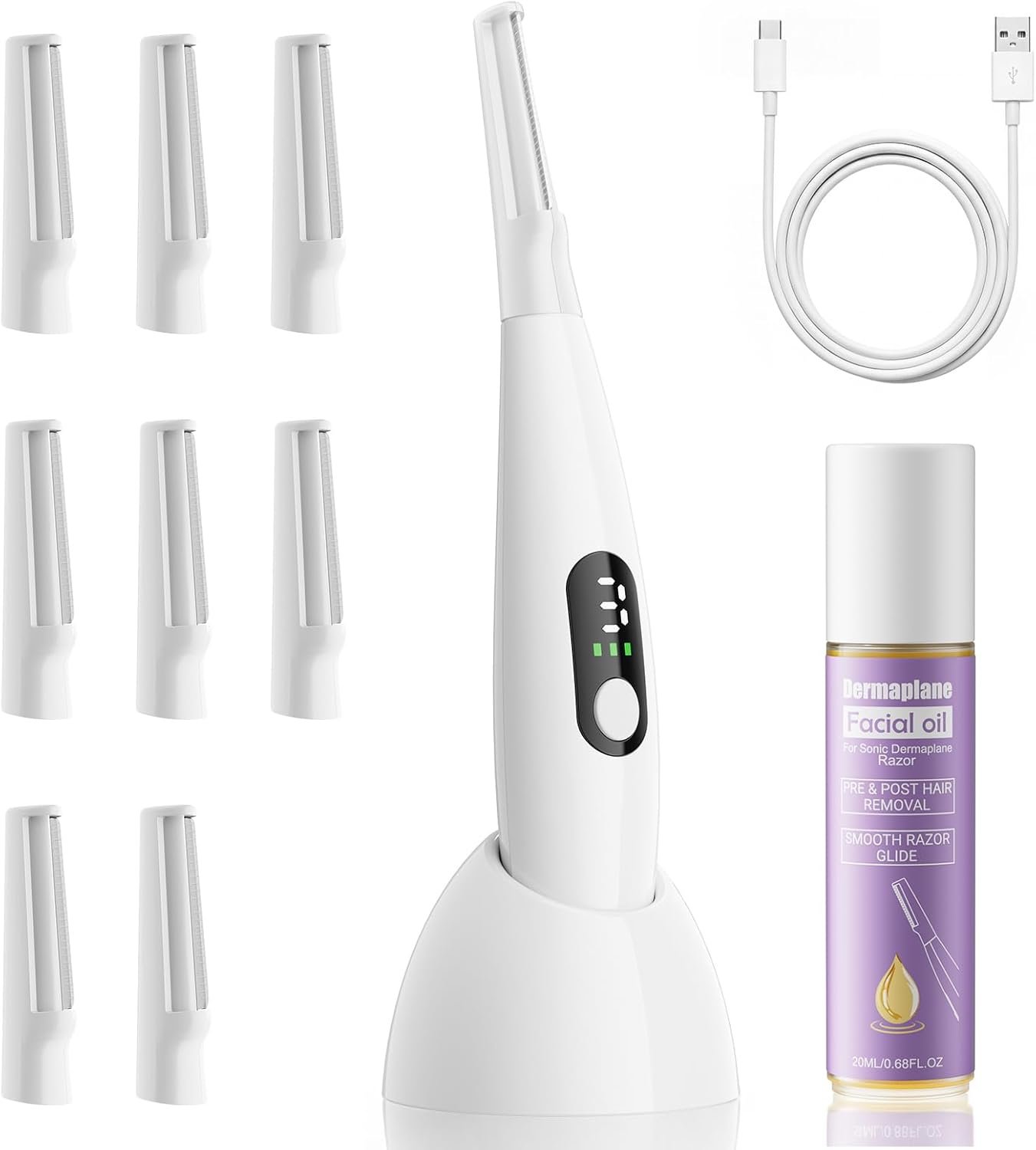 Sonic Dermaplane Razor for Women Face, Gentle Peach Fuzz Removal & Exfoliation with 3 Speeds, Rechargeable Dermaplaning Tool with 8 Blades & Facial Oil