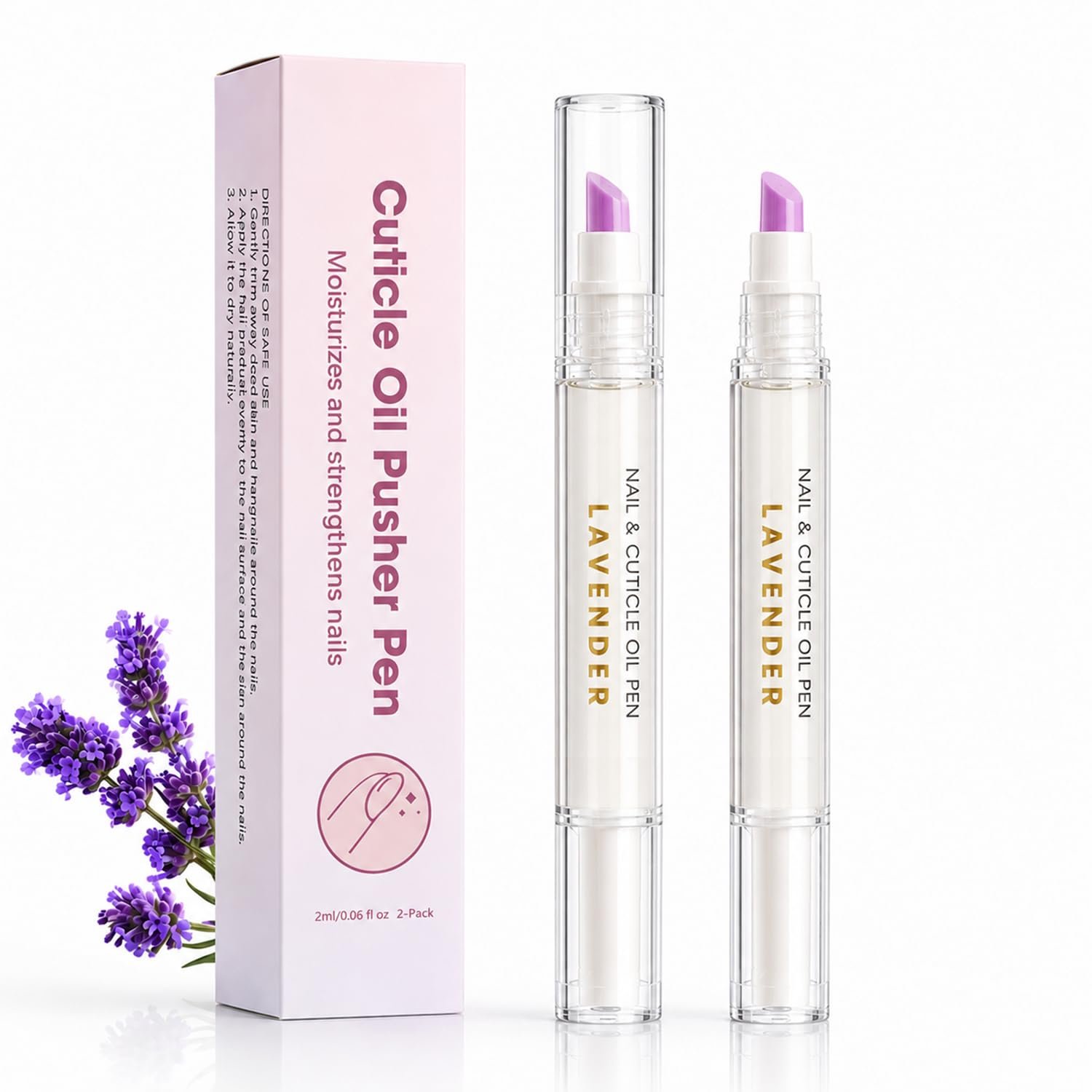 Ceramic Cuticle Pusher & Cuticle Oil Pen for Nails, Lavender Nail Care Pen with Angled Precision Tip, Moisturizing Cuticle Remover for Dry Cuticles, Hangnails & Damaged Nails, Portable Nail Care, 2Pcs