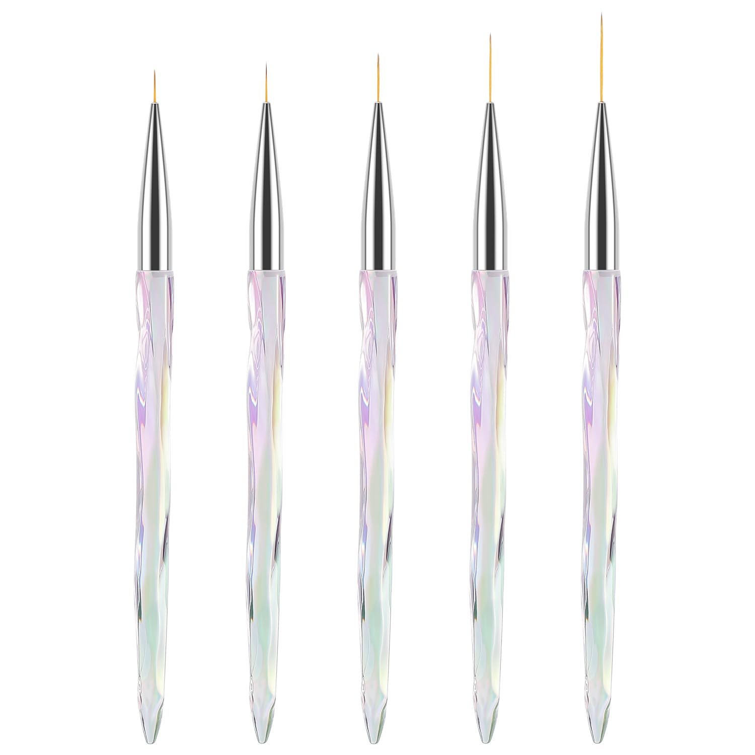 TEOYALL Nail Art Liner Brushes, Fine Line Nail Brush 7/9/11/15/20mm Thin Detail Precision Drawing Brushes for Gel Nail Polish