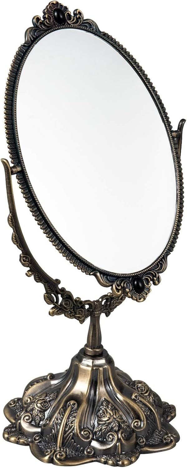 Feyarl Small Metal Vintage Makeup Mirror Floral Tabletop Oval Vanity Swivel Double Sided Mirror with Stand Elegant Decorative for Dressing Room Bedroom (Bronze)