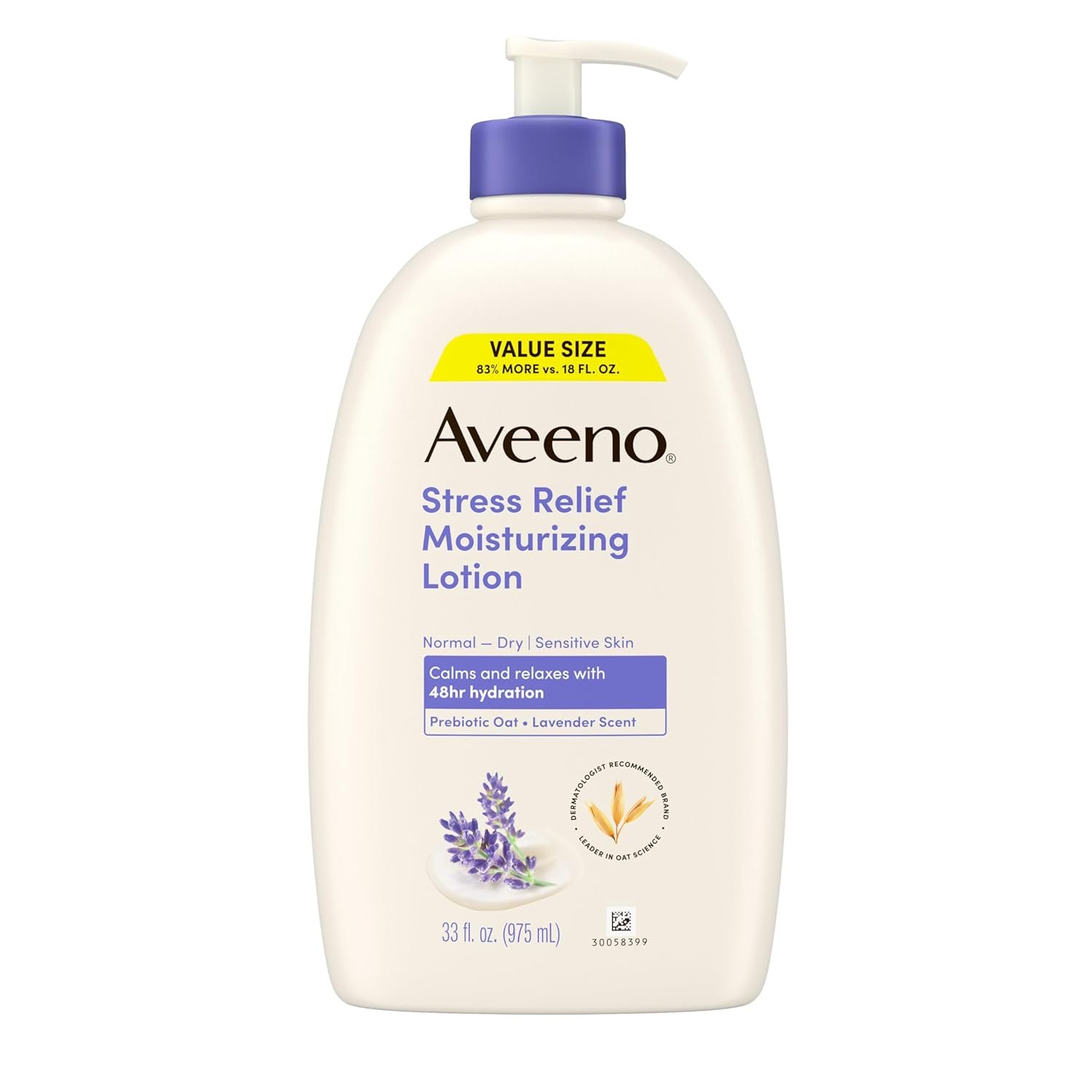 Aveeno Stress Relief Moisturizing Body Lotion, Lavender Scent with Prebiotic Oat for Sensitive Skin, Lightly Scented Lotion with 48-Hour Hydration, Fast Absorbing, Non-Greasy, Value Size 33 Fl Oz