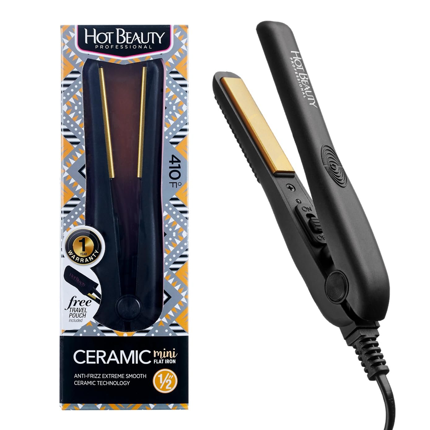 Hot Beauty Professional Ceramic Mini Flat Iron 1/2″, Anti-Frizz, Fast Heating, Versatile Styling for Curly & Straight Hair, Ideal for Traveling with Travel Pouch (Black)