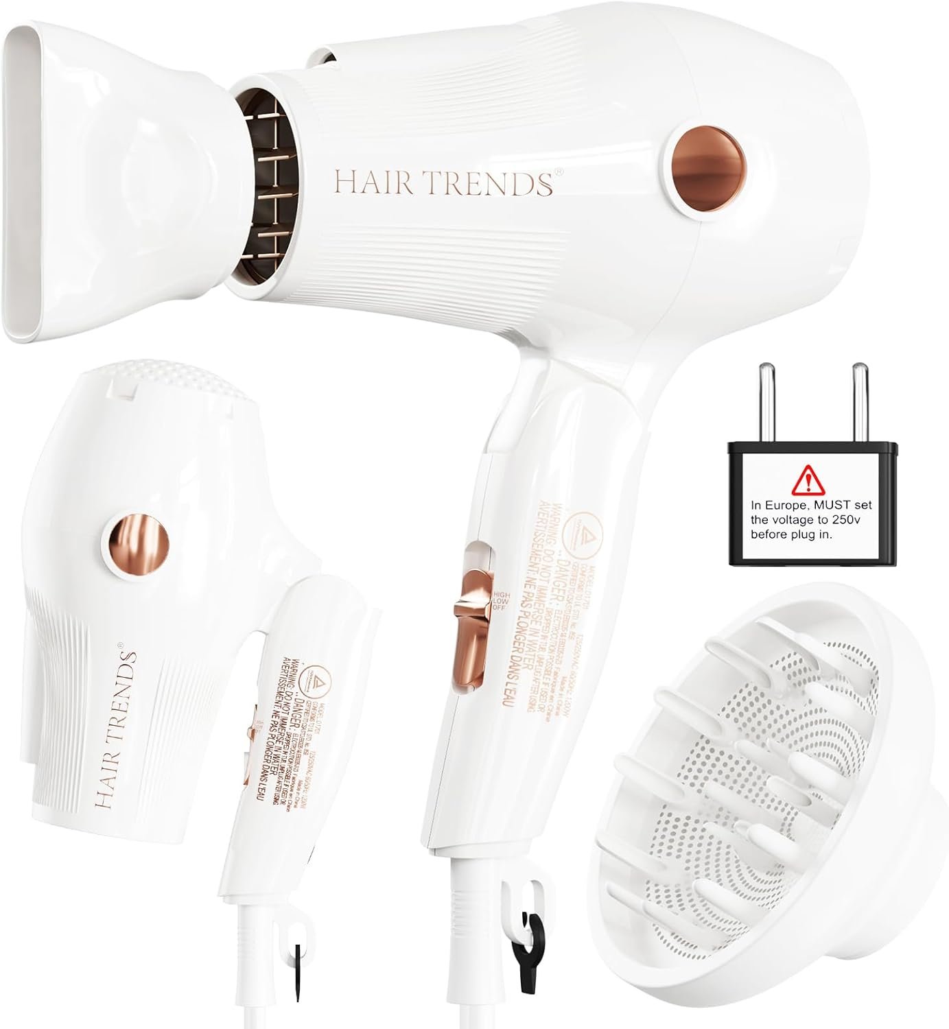 Travel Hair Dryer Mini with Diffuser&Concentrator,110~250V Dual Voltage Hair Dryer Blow Dryer Mini Size for European Travel, Portable Blow Dryers for Women and Men with EU Plug