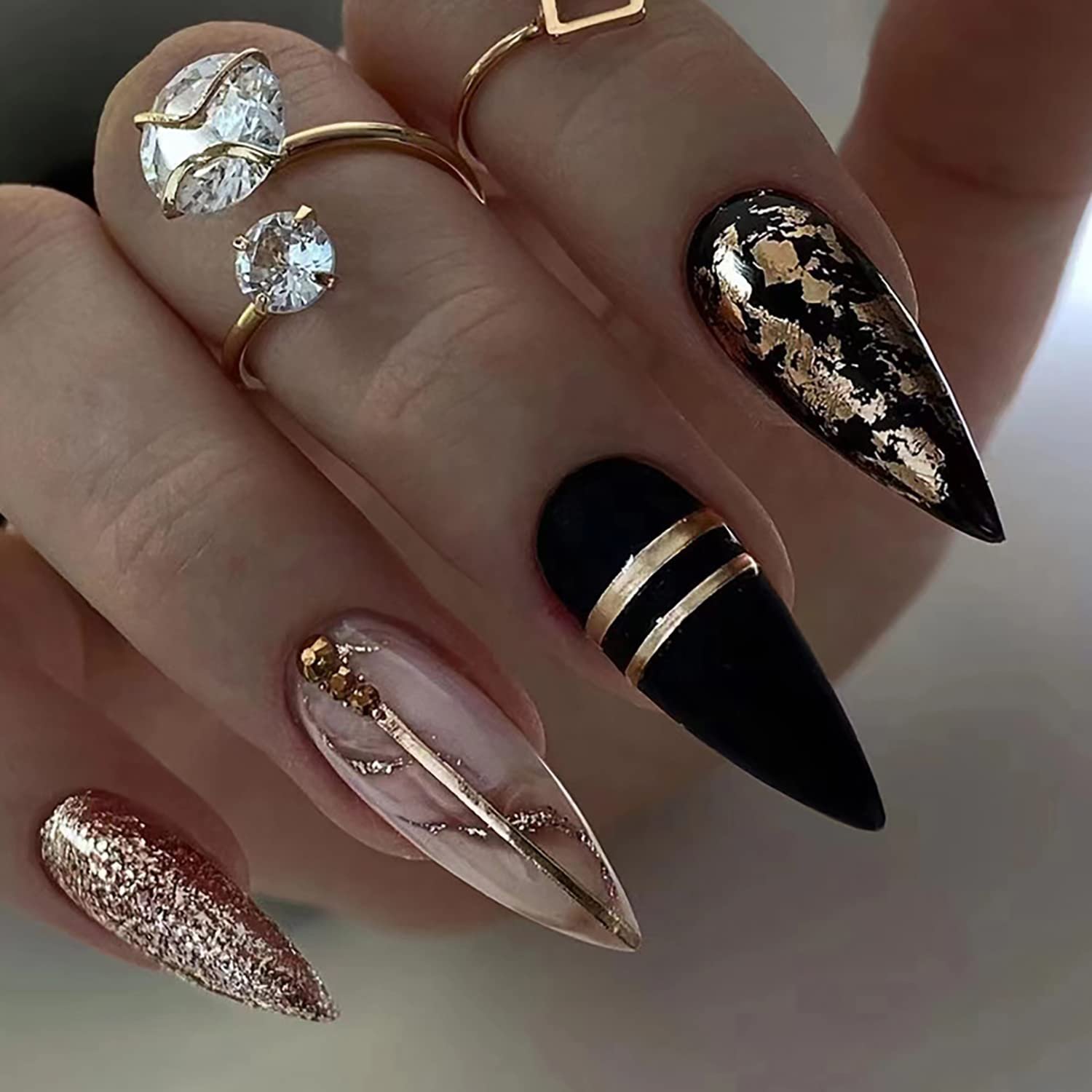French Tip Press On Nails – Almond Medium with Gold Line Shine Design, Full Cover Reusable Black Artificial Coffin False Nails Set – Glue on & Stick on Women Nails for Nail Art