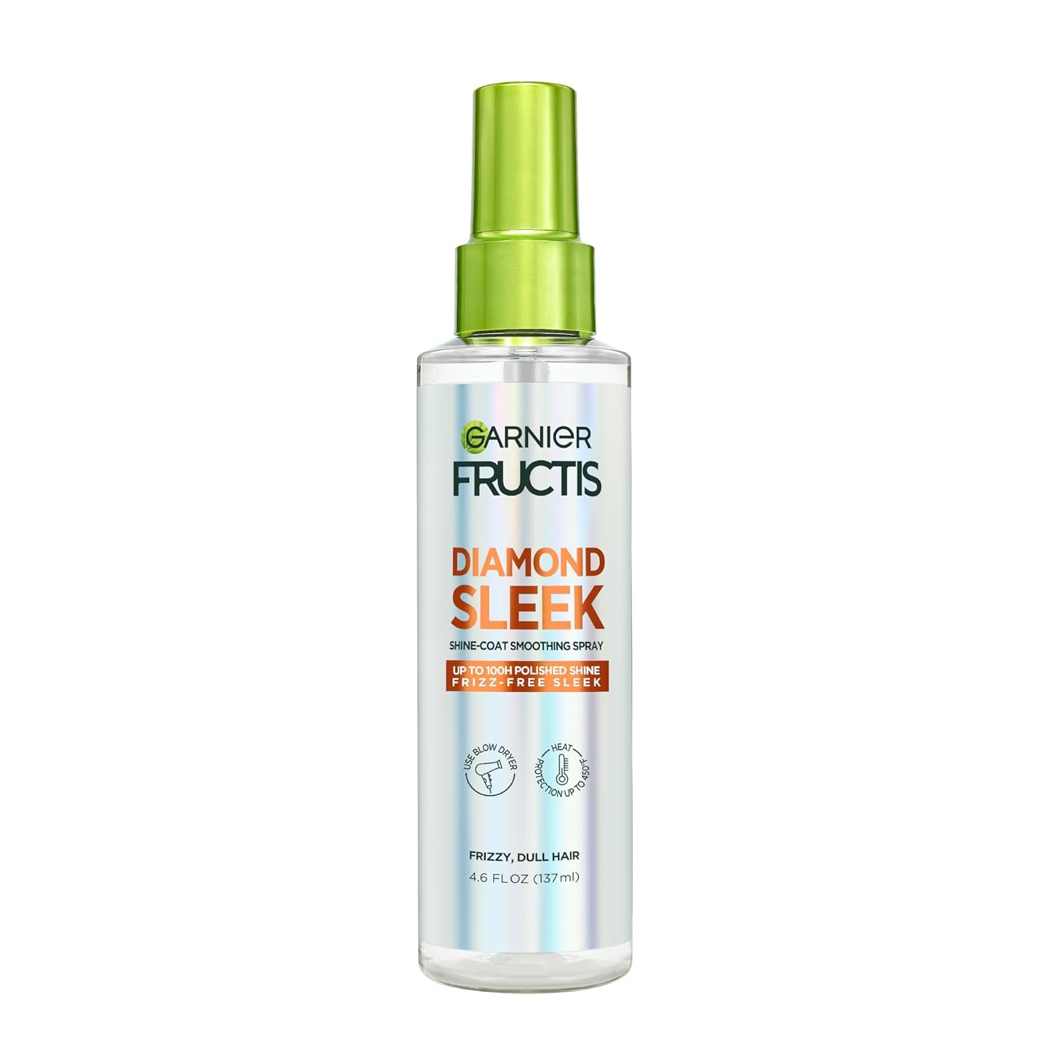 Garnier Fructis Diamond Sleek Hair Shine Spray, Up to 100-Hour Frizz Control, Heat Protectant up to 450°F with Vegan Keratin Smoothing Complex and Argan Oil for Frizzy, Dry, Dull Hair, 4.6 Fl Oz