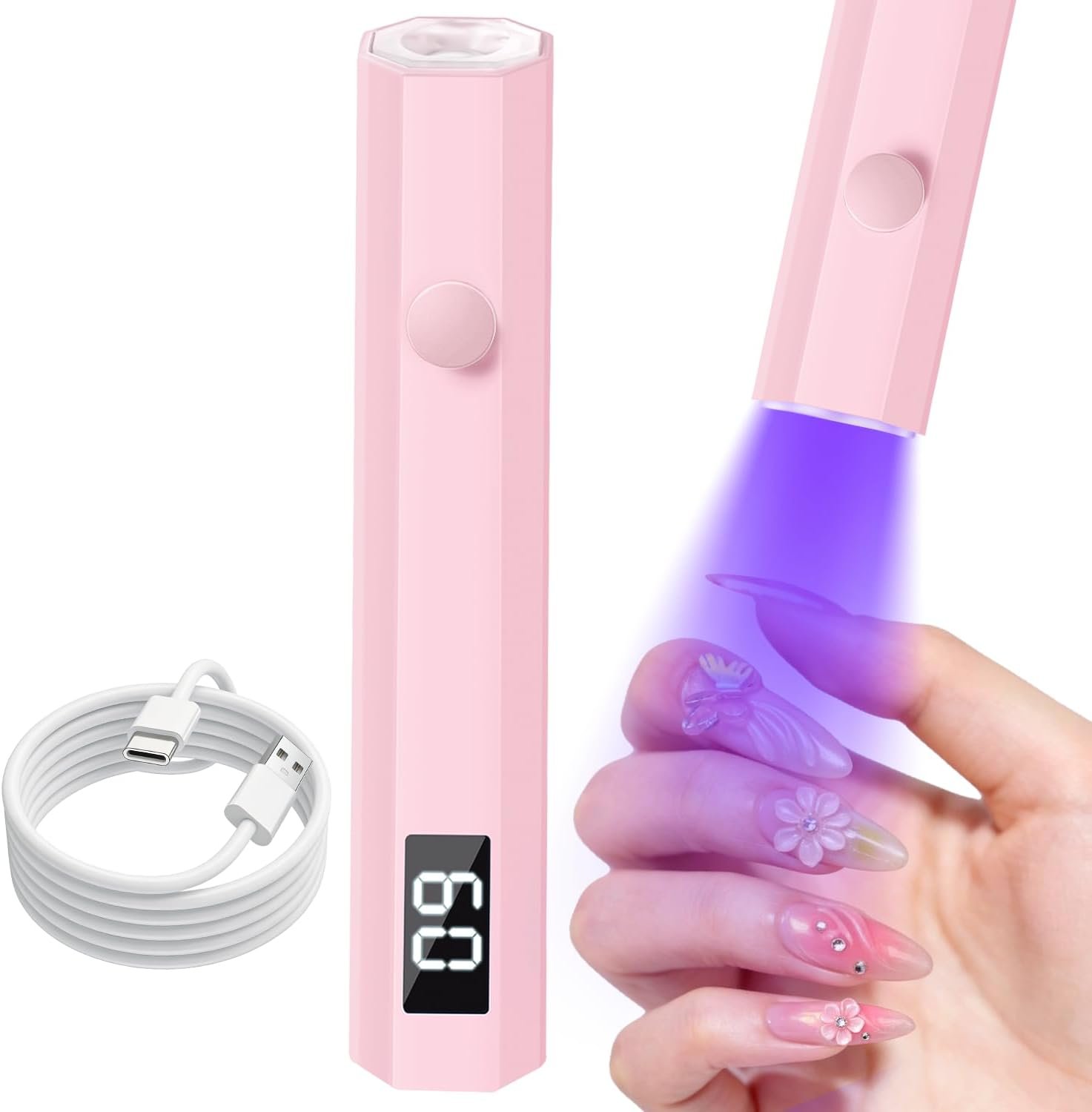 Krofaue UV Nail Lamp, Handheld with LCD Display & 20/60s Timer,180mAh Rechargeable Nail Lamps for Gel Polish, Home DIY & Salon Use (Pink)