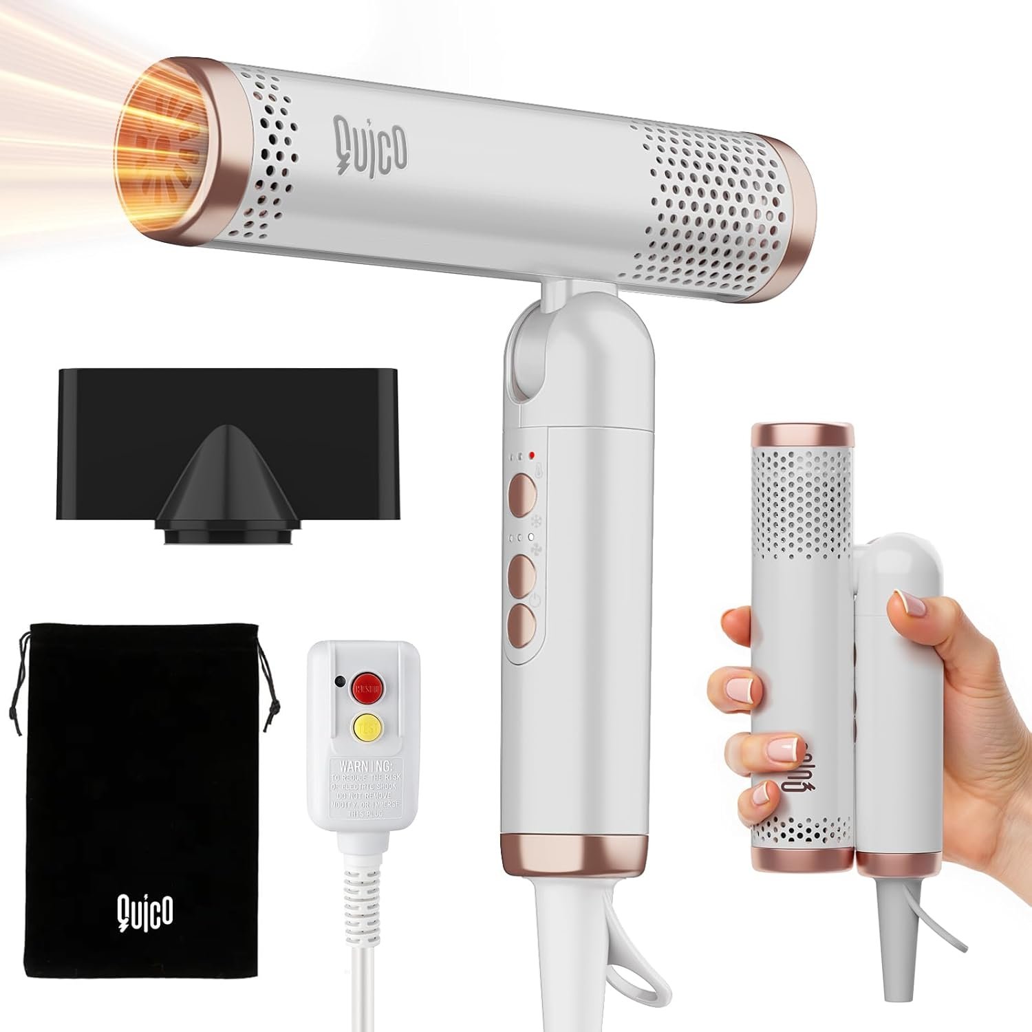 Quico Travel Hair Dryer Dual Voltage, 120000 RPM Brushless Motor Fast Drying Hair Dryers for Women 500 Million Ionic, Thermo-Control Foldable Blow Dryer with Cold, 3 Heat & 3 Speed Settings for Globle