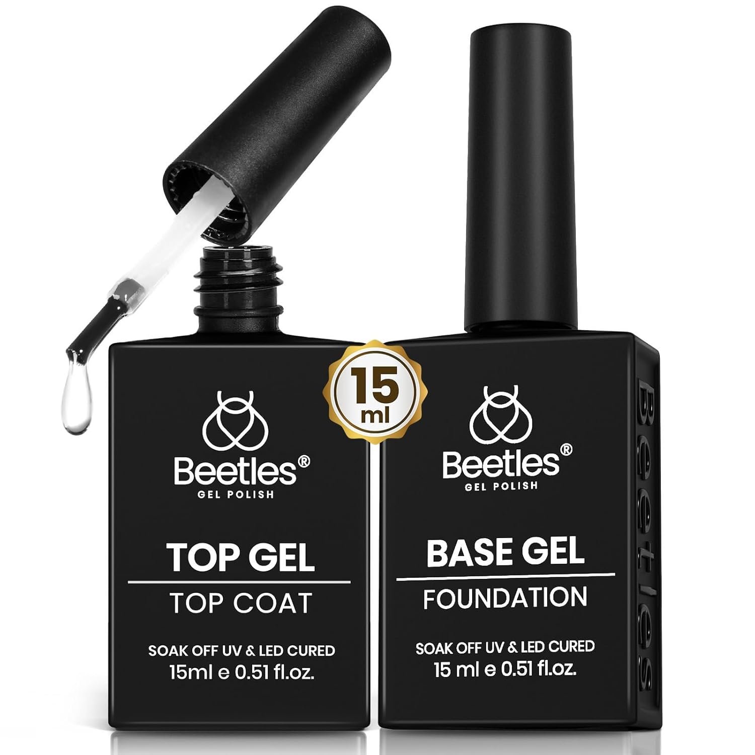 Beetles No Wipe Gel Top Coat and Base Coat Set for Gel Nail Polish – 2Pcs 15ml Super Shiny and Long Lasting Soak Off UV/LED Lamp Nail Art Design Gift