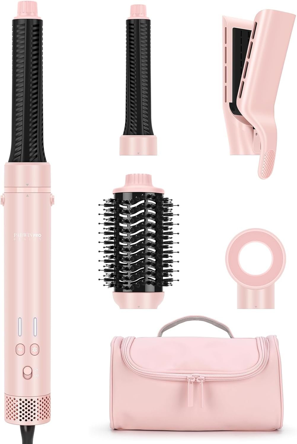 MaxAIR 2.0 Dual Voltage Hair Dryer Brush – Travel 5-in-1 Hot Air Hair Styler with Auto Wrap Curlers, Air Straightener Adds Shine, Smooth, Curl & Volume for Salon Blowout, Ionic Frizz Control, Pink
