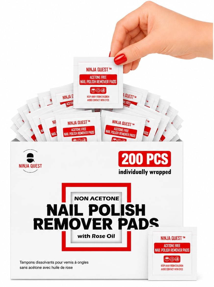 Nail Polish Remover Pads 100% Non Acetone – 200 Pack of Individually Wrapped Bulk Set Gel Nail Polish Remover Wipes – Fingernail Travel Kit to Clear Nail Polish for Home & Professional Removal