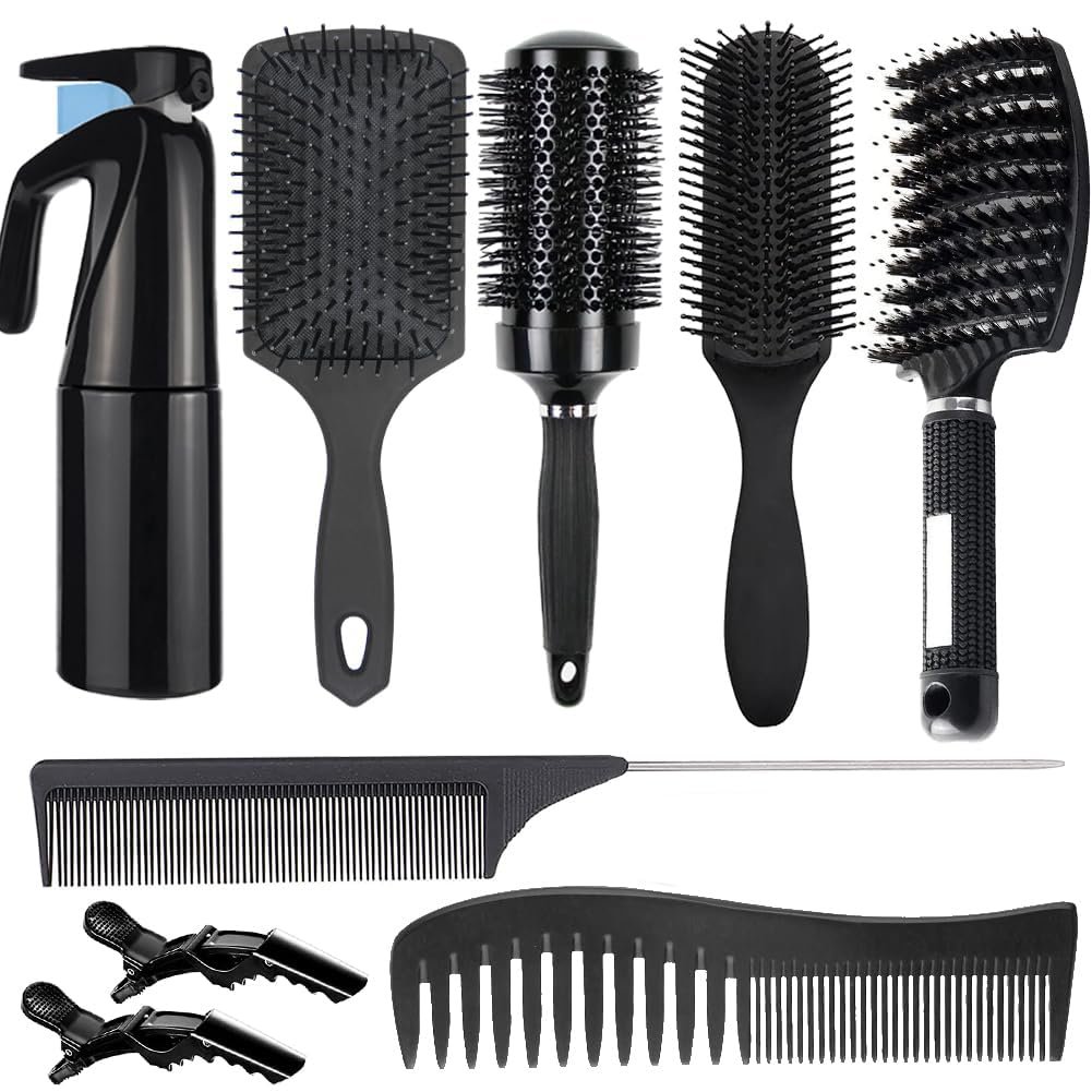 8Pcs Curly Hair Brush Set, Hair Brushes for Women, Round Brush for Blow Drying, Paddle Brush, Fit for Detangling Wet Long Thick Hair, Spray Bottle for Curly Wavy Hair, Family Daily Care（Black）