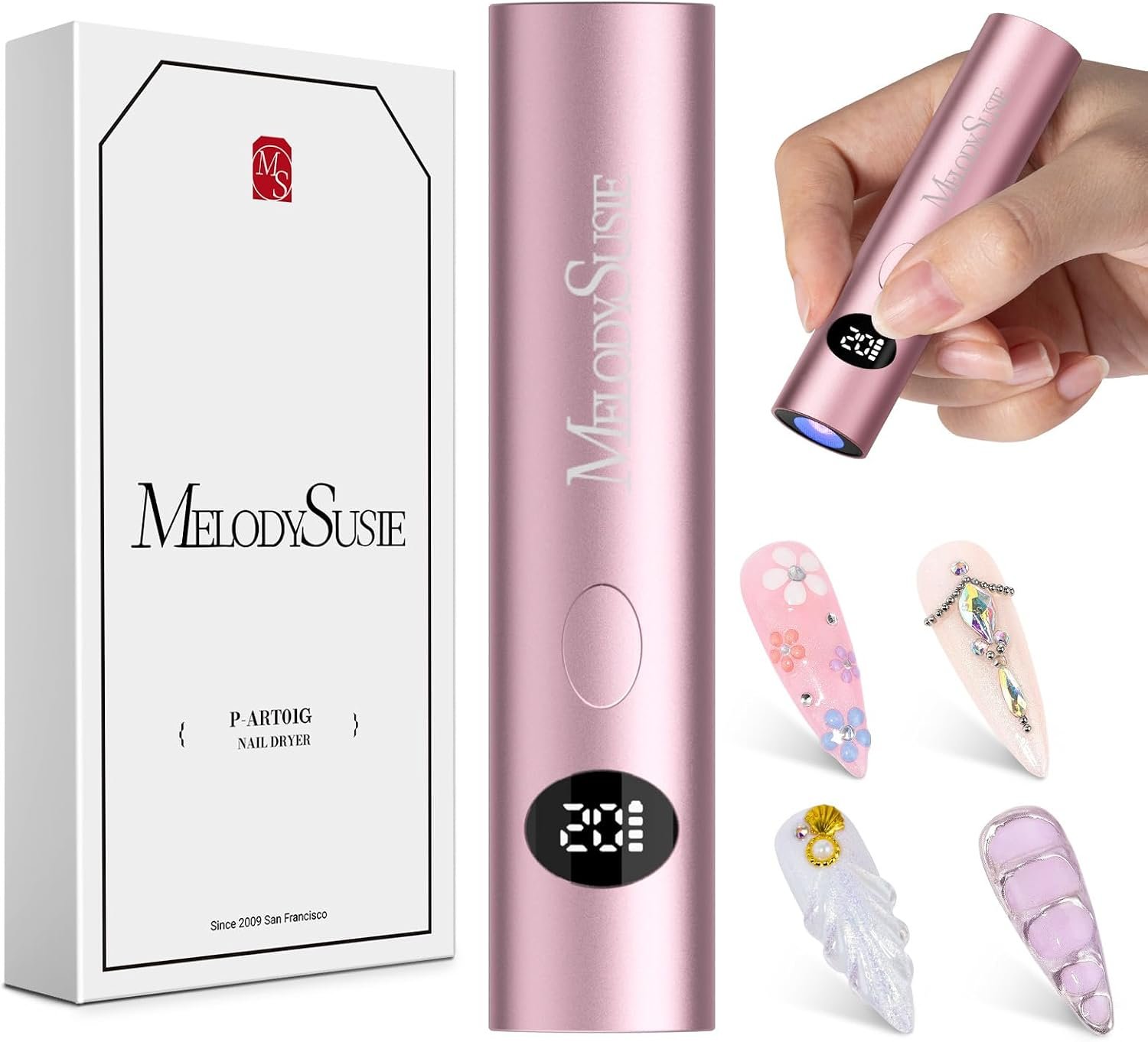 MelodySusie Handheld Cordless UV Nail Lamp with LCD Display & Optical Lens, P-Art01G Rechargeable Mini UV LED Light Flash Cures All Soft Gels, Especially Rhinestone Glue & Liner Gel Pink