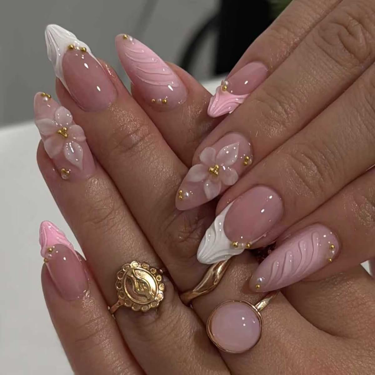 Almond Press on Nails 3D Pink Fake Nails Medium French Tip False Nails Embossed Flower & Gold Bead Designs Full Cover Glossy Glue on Nails for Women Manicure 24PCS