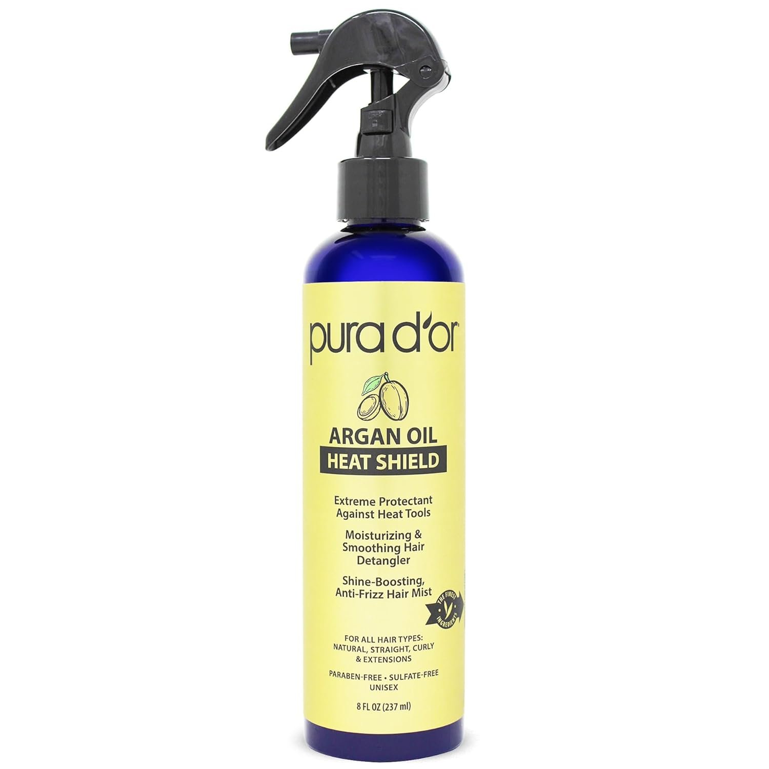 PURA D’OR 8 Oz Argan Oil Heat Shield Protectant Spray with Select Organic Ingredients, Protects Up To 450º F From Flat Iron & Hot Blow Dry, Leave-In, Define & Shine Dry & Damaged Hair