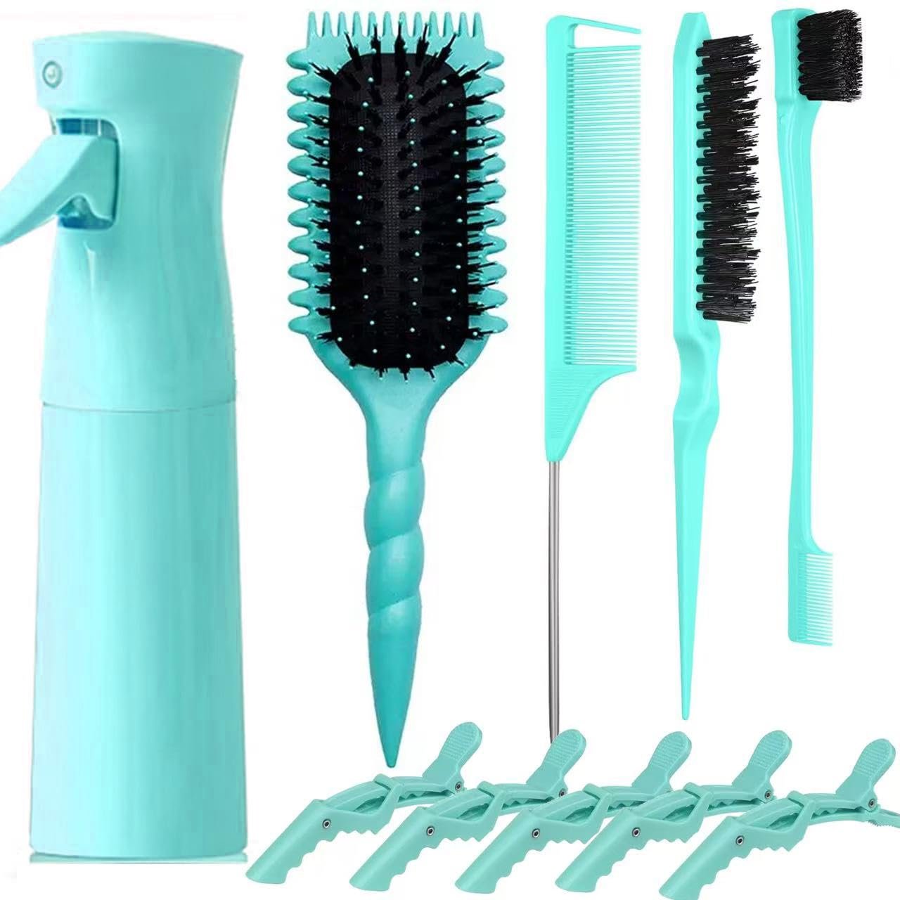 10 Pc Curl Defining Hair Brush Set with Spray Bottle for Effortlessly Detangling, Shaping and Styling Women’s & Men’s Curls on Wet or Dry Hair, Reduces Frizz