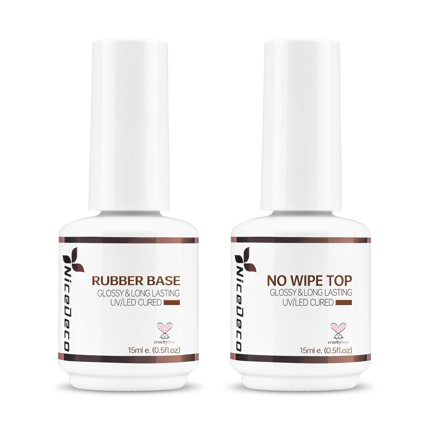 Nicedeco Hema Free Clear Rubber Base Gel Polish and No Wipe Gel Top Coat Cruelty Free Vegan Glossy Shinny Nail Art