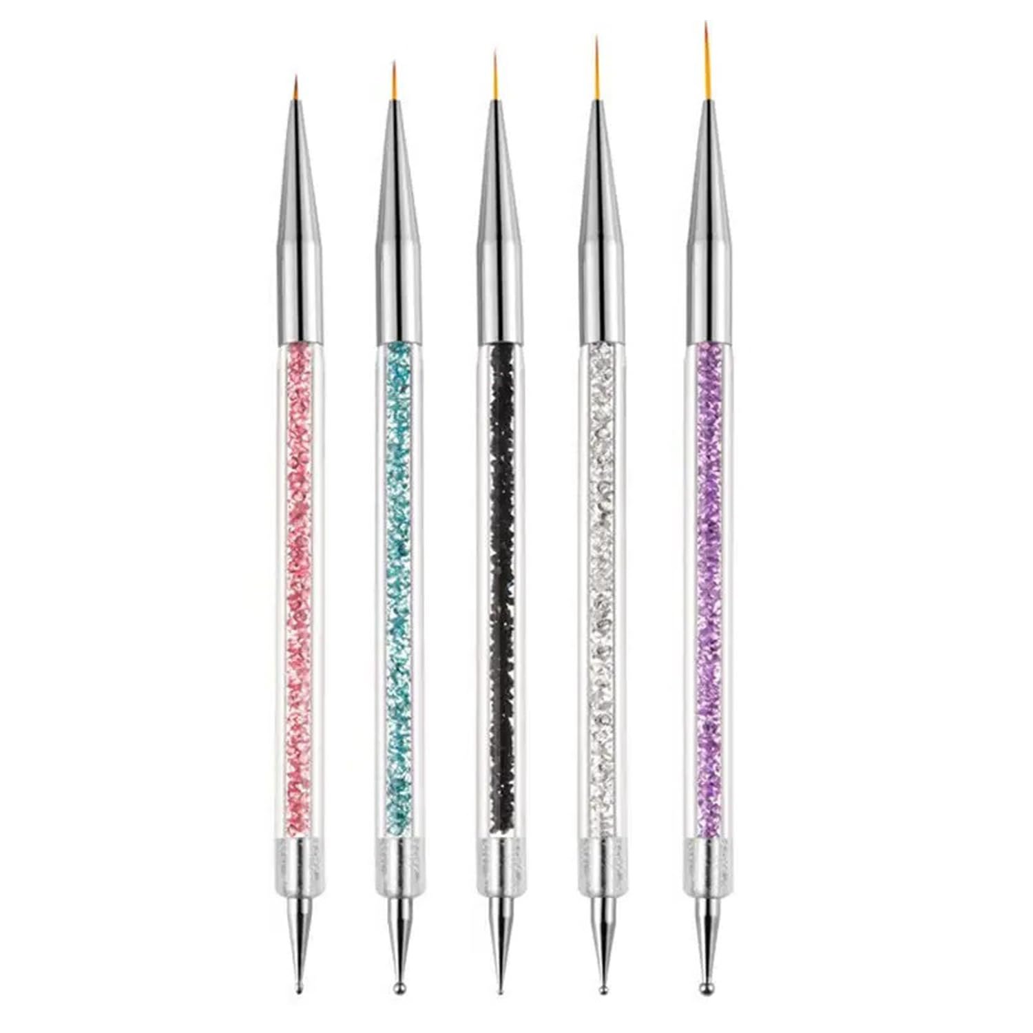 AIBEE Nail Art Brushes, 5pcs Double-Ended Acrylic Nail Brush Set with 5/7/10/12/15mm Nail Liner Brushes and Dotting Pens for French Nails
