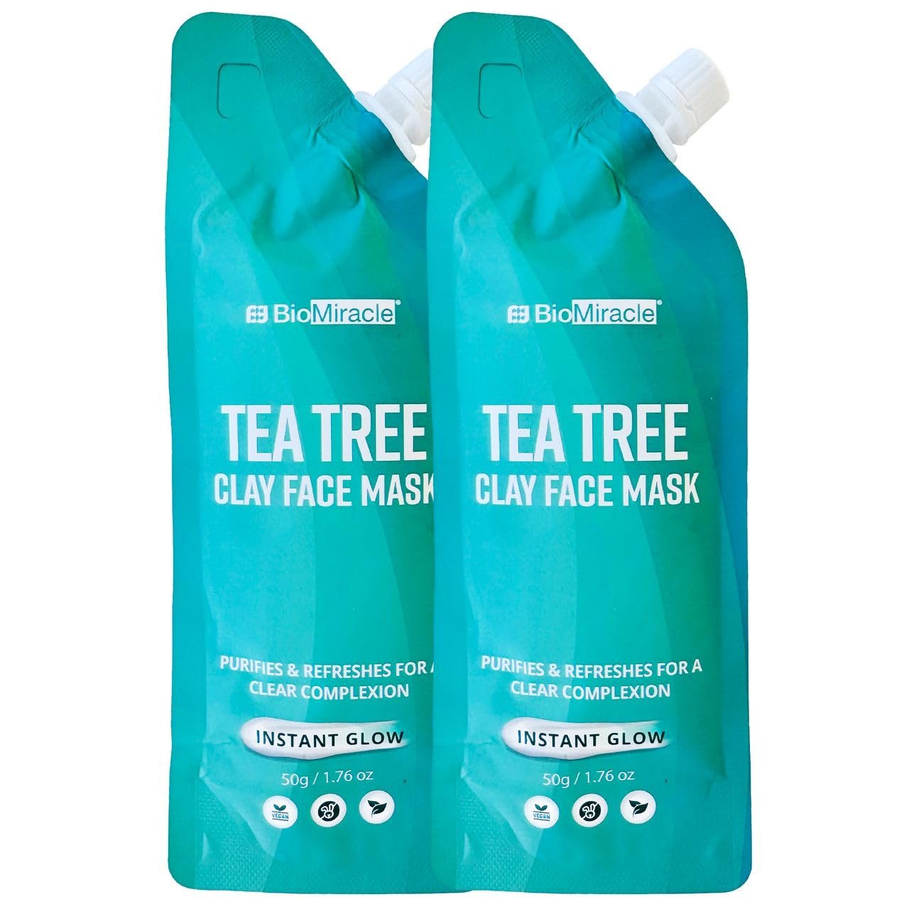 BioMiracle Tea Tree Clay Face Mask 2 Pack – Deep Pore Cleansing Detox Mask with Kaolin & Bentonite Clay – Natural Facial Treatment with Tea Tree Oil for Clear, Smooth, Glowing Skin – 50g