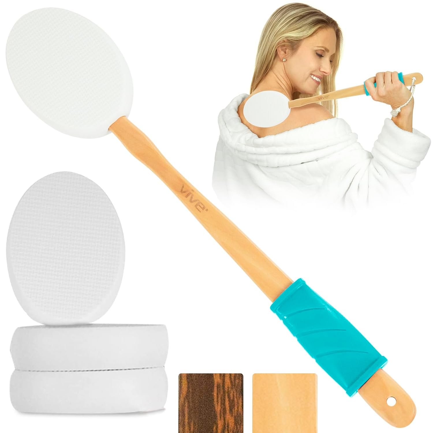 Vive Lotion Applicator for Back, Feet (17.5″) – Self Washer Beauty Shower Sponge, Long Handle Cream Wand for Elderly, Women – Apply Medicine, Skin Cream, Body Wash, Sunscreen