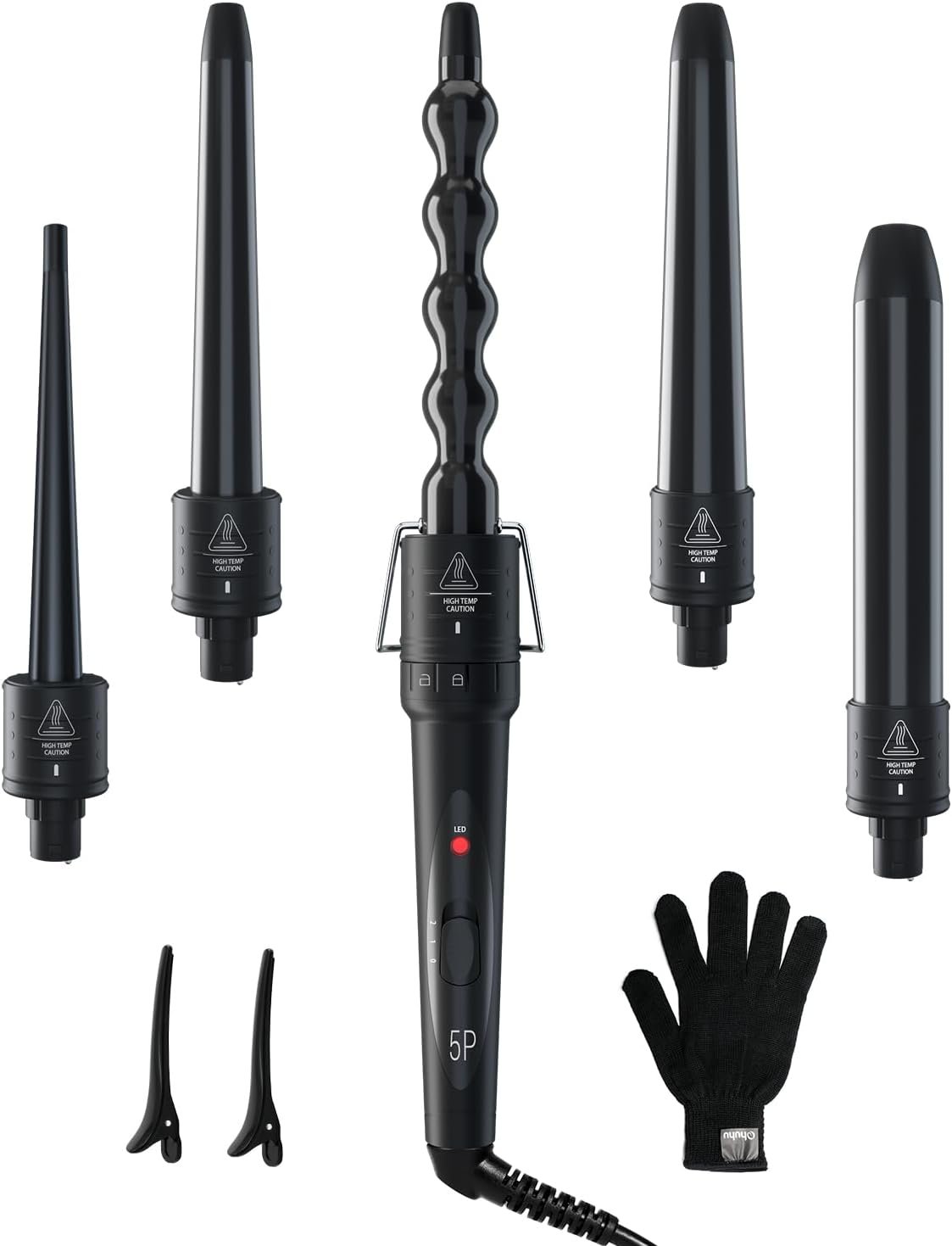 5 in 1 Curling Wand Set: Ohuhu Curling Iron Wand 5Pcs 0.35 to 1.25 Inch Interchangeable Ceramic Barrel Heat Protective Glove 2 Clips Dual Voltage Hair Curler for Girl Women Black