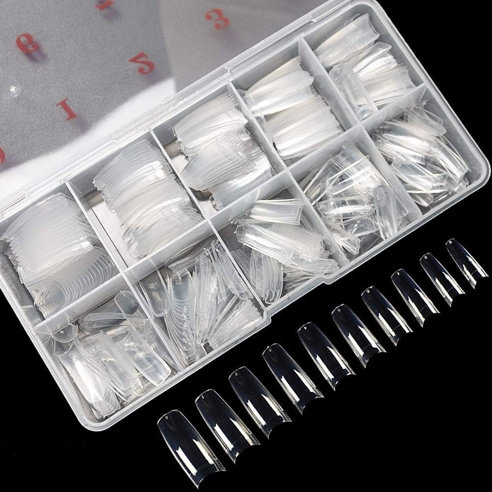 krofaue 500PCS Clear False Nails Tips – Half Cover Lady French Style Acrylic Artificial Tip Manicure with Box of 10 Sizes for Nail Tips Art Salons and Home DIY