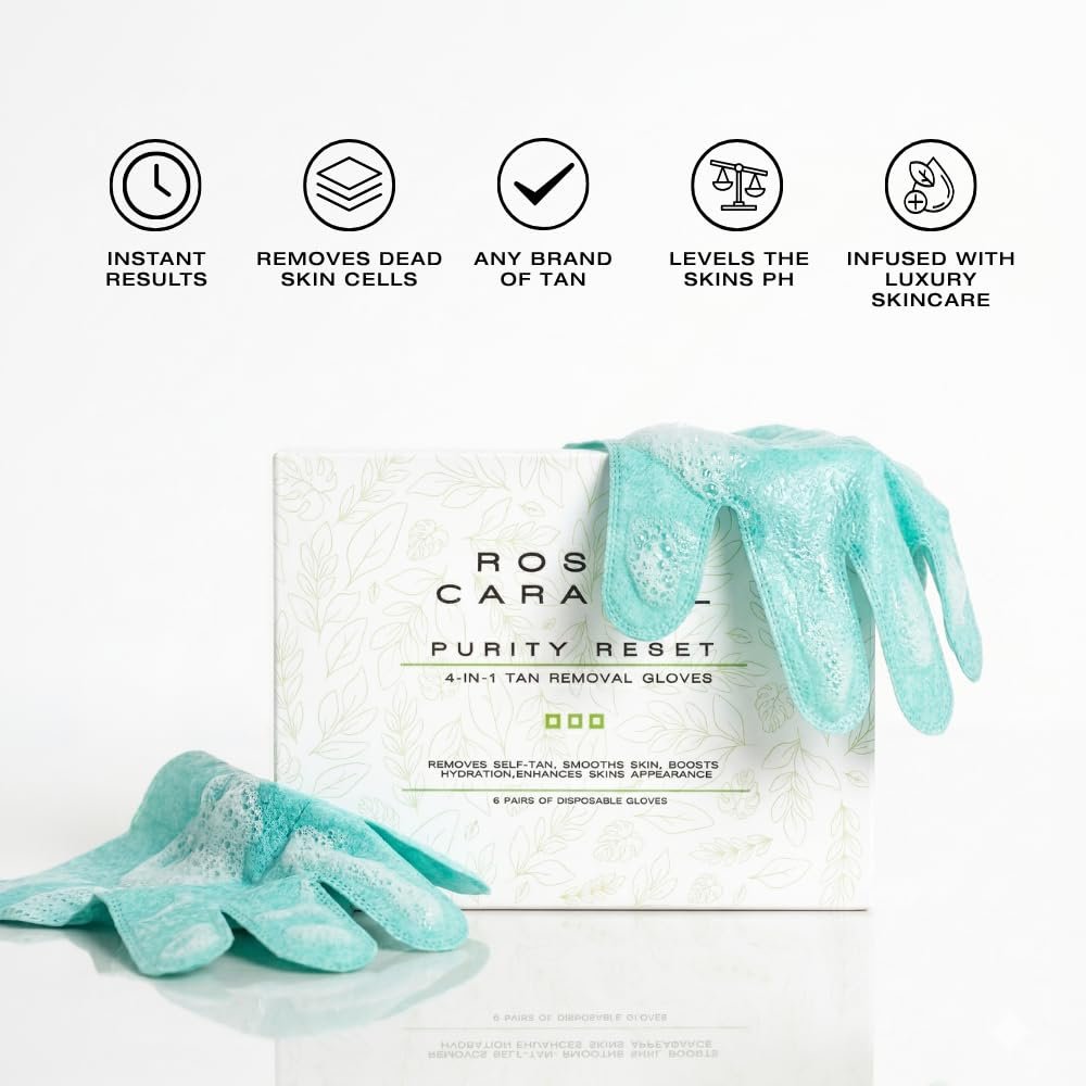 Rose & Caramel Purity Self Tan Remover Gloves, 4 in 1, Removes self tan, smooths skin, boosts skins performance & enhances skins apperance (6 Pairs of Gloves)