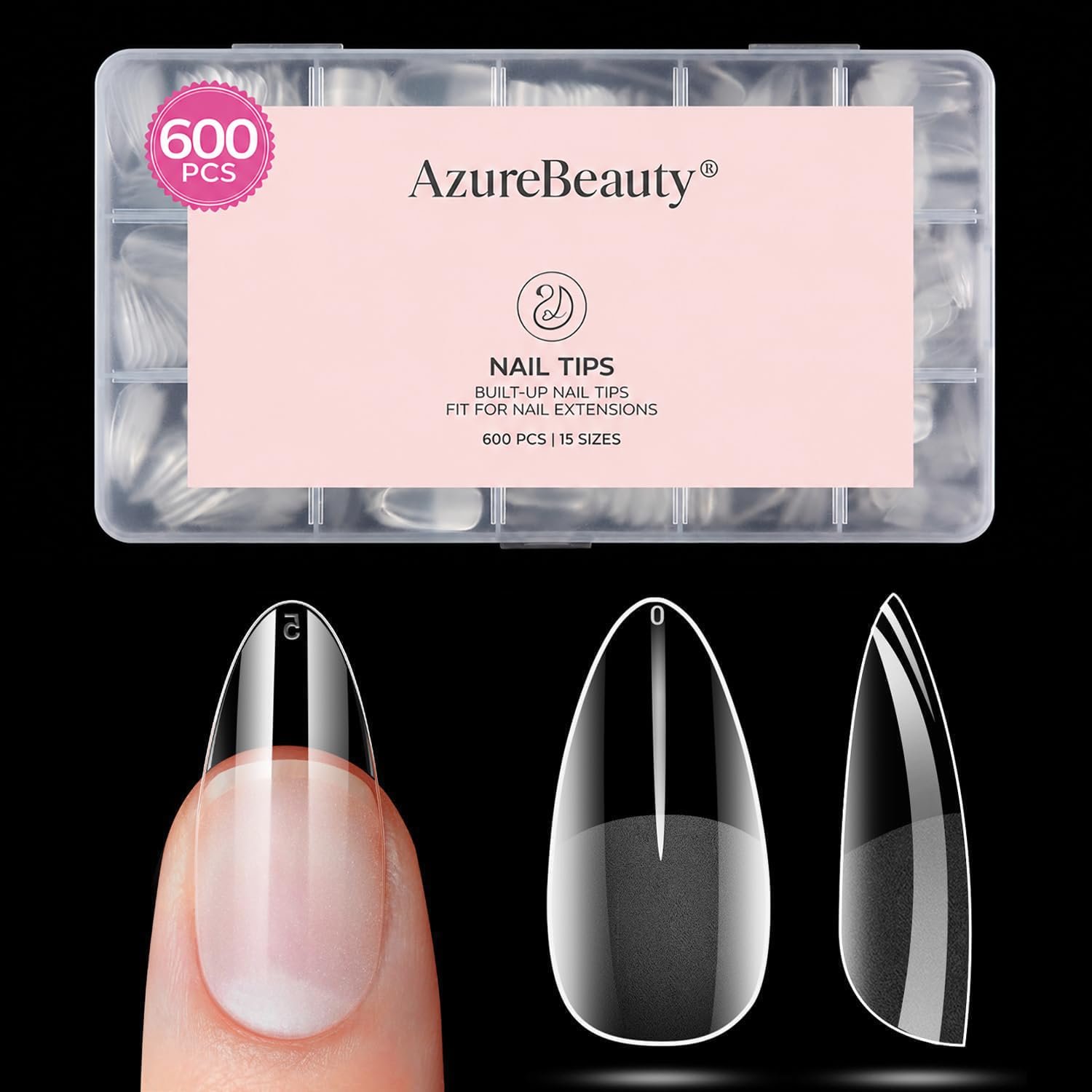 AZUREBEAUTY Medium Almond Nail Tips 600pcs 15 Size, Pre Etched Soft Gel Nail Tips Acrylic Fake Nails Half Matte Full Cover Clear Press On False Nail Extensions for DIY Manicure at Home Nail Art