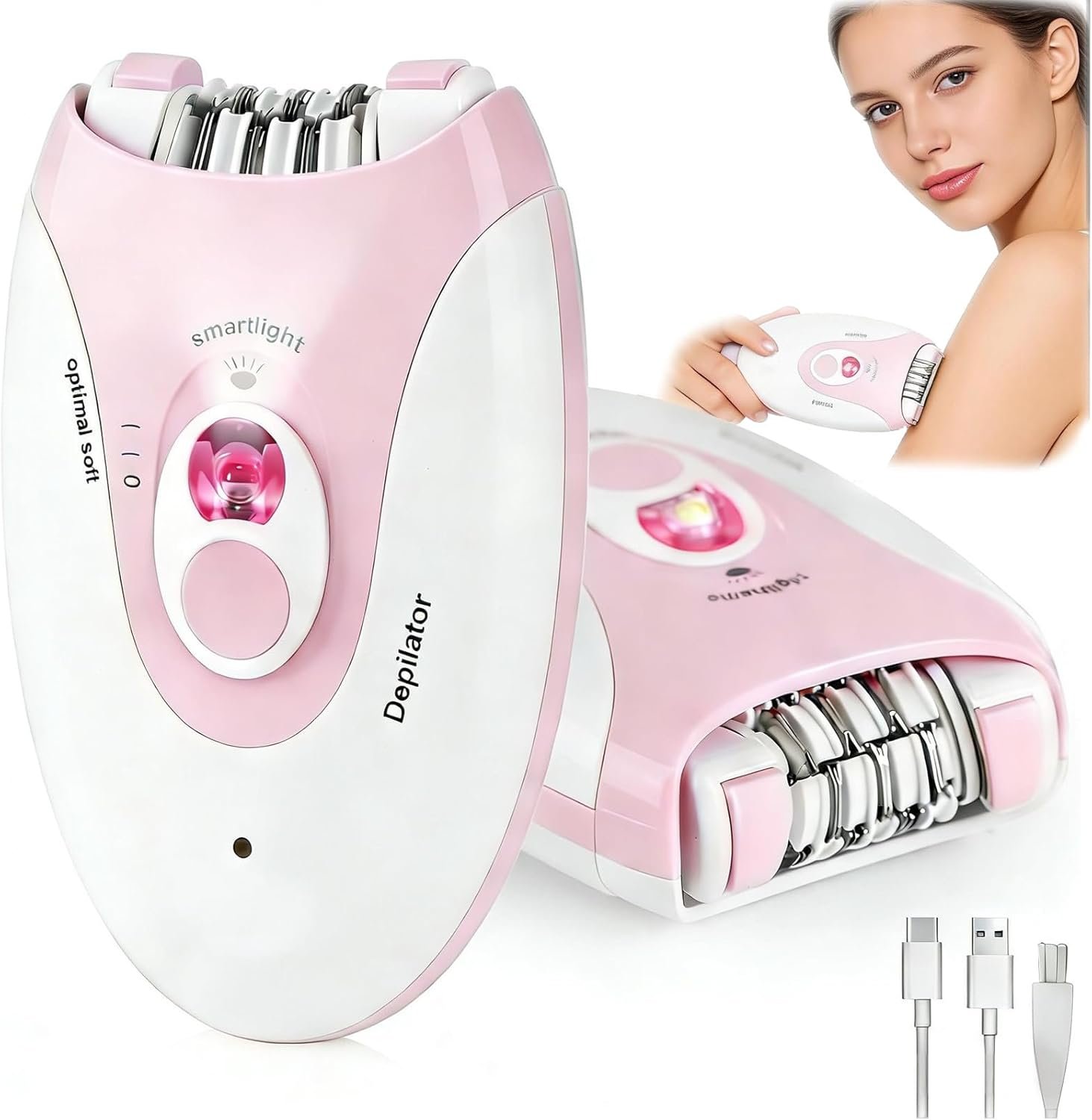 Epilator,Smooth Glide Epilator for Women,Rechargeable 2 Speed Facial Hair Removal Device with LED Light & 36 Tweezers,Portable Electric Trimmer Device for Face,Bikini,Arms,Legs & Armpits(Pink)