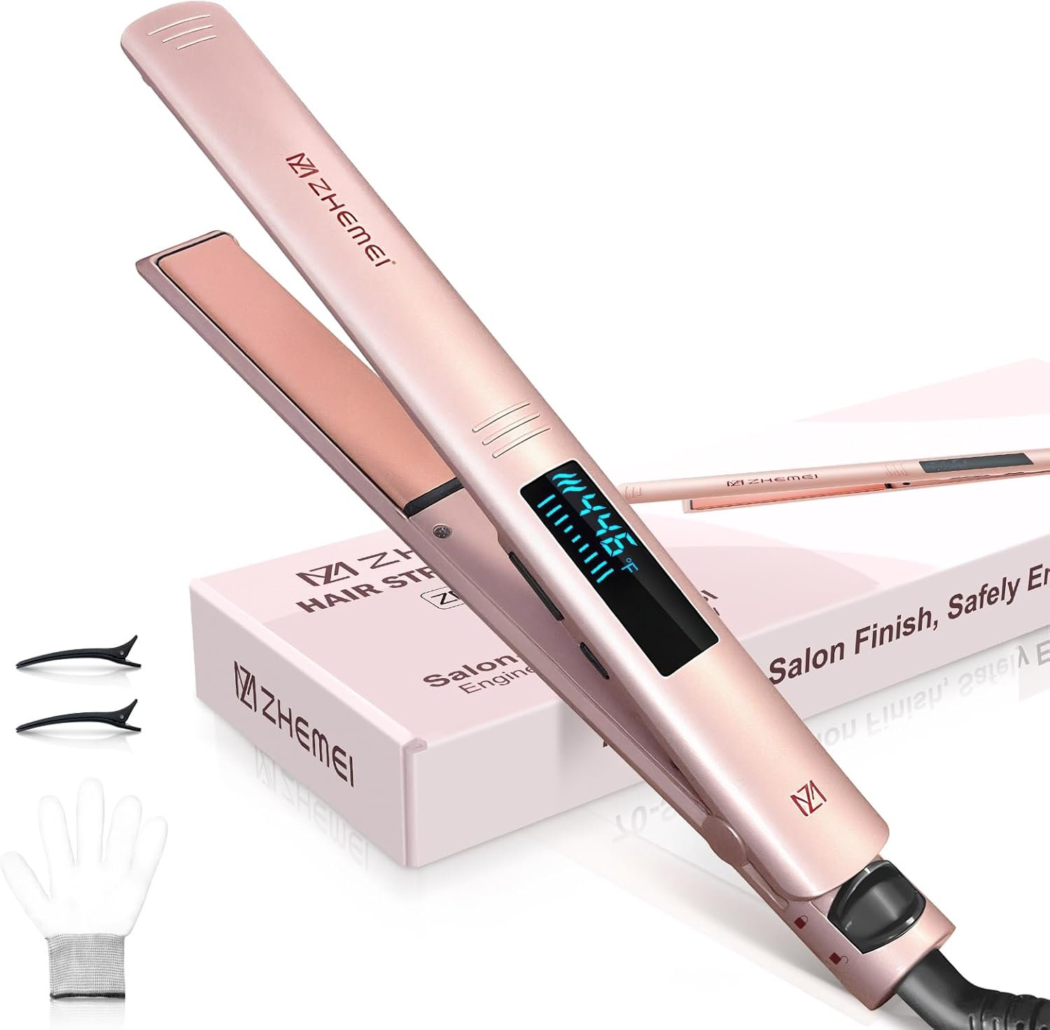 Hair Straightener, 1 Inch Flat Iron Hair Straightener with LED Display, Professional PTC Ceramic Negative Ion Hair Iron Dual Voltage for Women Hair, Heats up to 446°F, 6 Temps (Rose Gold)