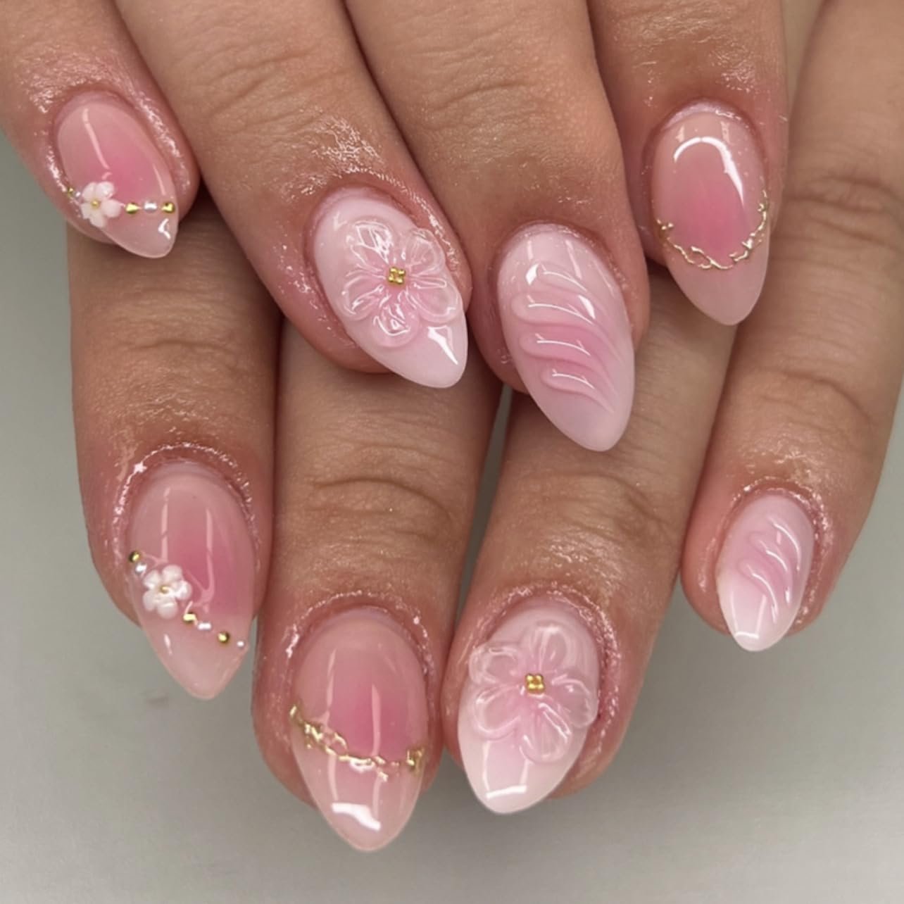 3D Flower Press On Nails Short Almond – Pink White Ombre Gold Line Designs, Acrylic Reusable Fake Nails with Adhesive Tabs Glue, Salon Quality Nail Press Ons – Nail Kit for Women Manicure