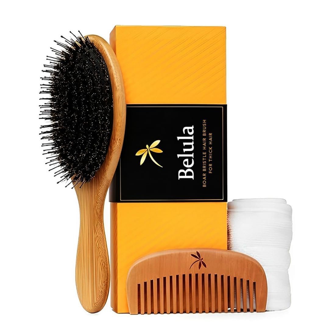 Premium Boar Bristle Hair Brush for Thick Hair Set. Hairbrush for Women With Thick, Long or Curly Hair. Restores Hair’s Shine and Health. Comb, Travel Bag & Spa Headband Included