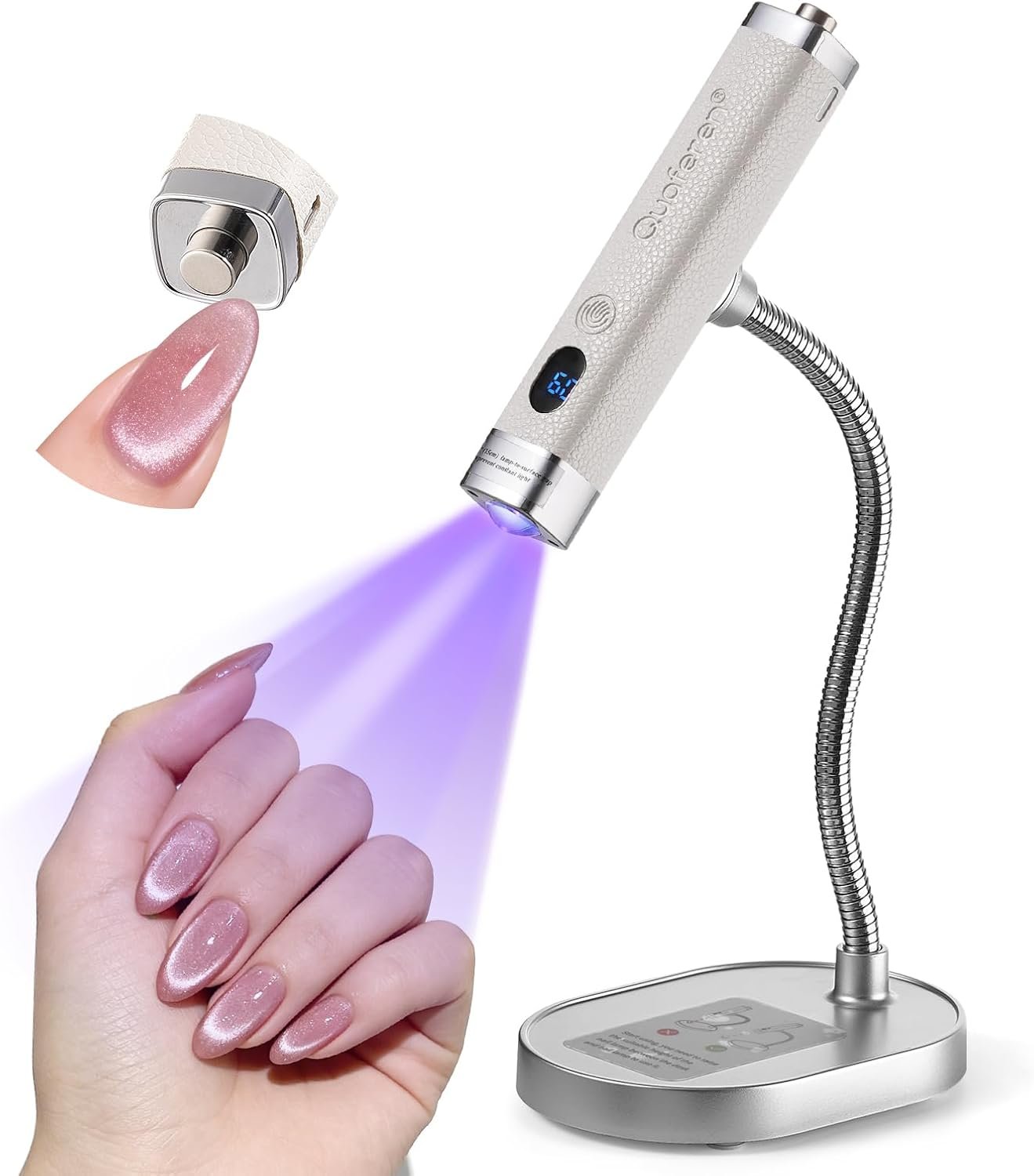 Quaferen Mini Handheld UV Light for Gel Nails with Stand, Rechargeable Flash Cure Nail Lamp with Auto Sensor, Cat Eye Magnet for Fast Drying at Home Salon (White)