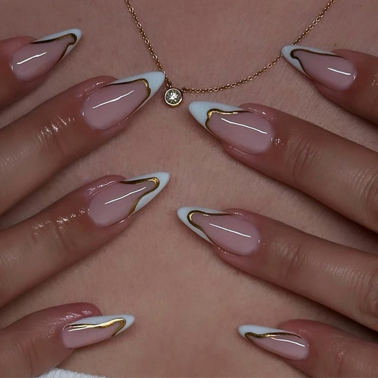 NBNTGH White French Tip Press on Nails Gold Line Fake Nails Medium Almond False Nail with Design Nude Glue on Nails Artificial Acrylic Full Cover Glossy Stick on Nail for Women Manicure 24Pcs