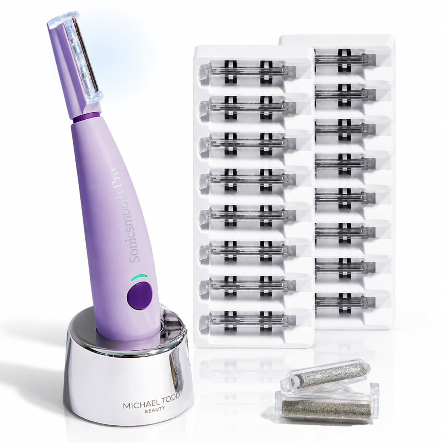 Michael Todd Beauty Sonicsmooth Pro+ Dermaplane Razor for Women Face + Eyebrow Trimmer Dermaplaning System w/LED Light Peach Fuzz Remover -16 Dermaplaning Blades & 2 Microsmooth Exfoliation Tips