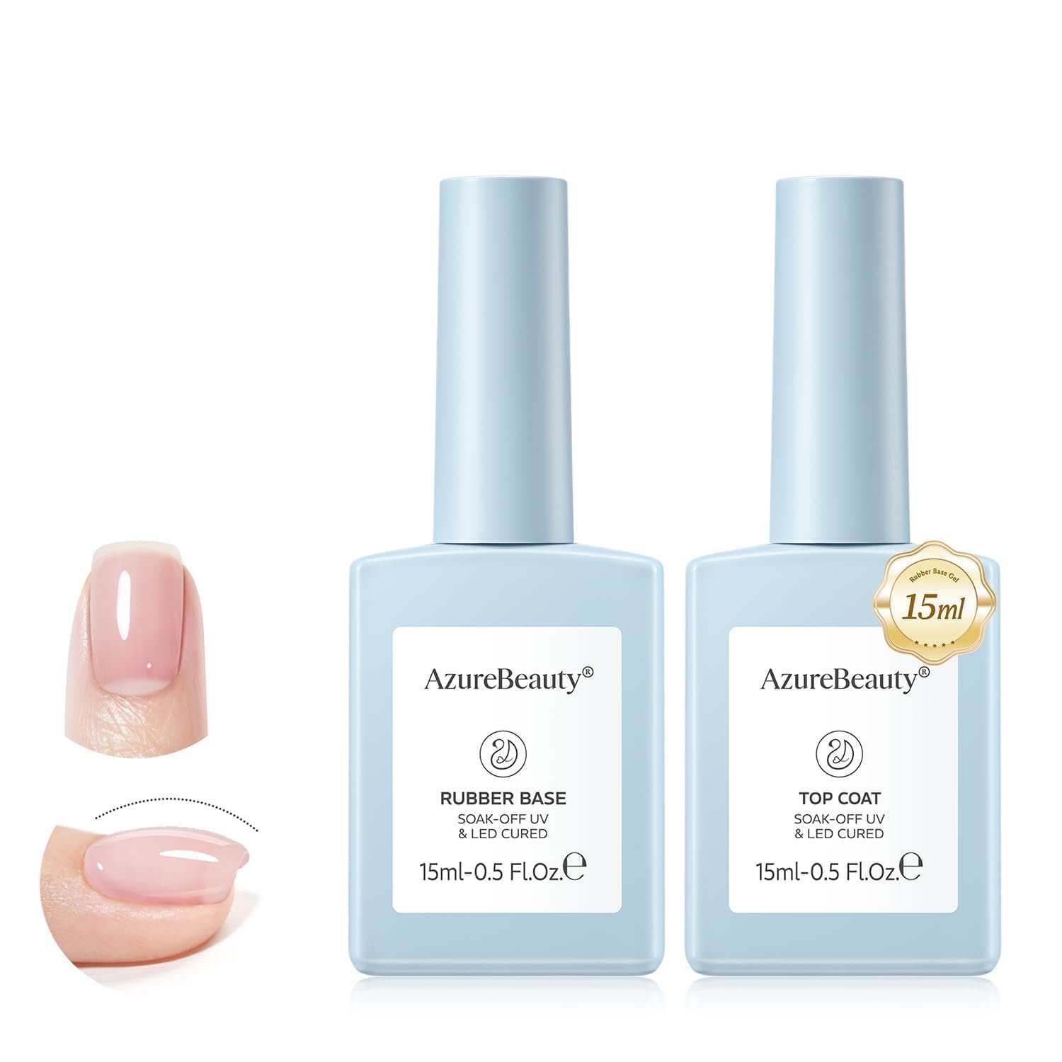 AZUREBEAUTY 15ml Rubber Base Gel Polish and No Wipe Top Coat Set, Builder Base Coat and Ultra Shine Top Self Leveling Apex Building Nail Strengthener, Long Lasting for Thin Weak Brittle Nails