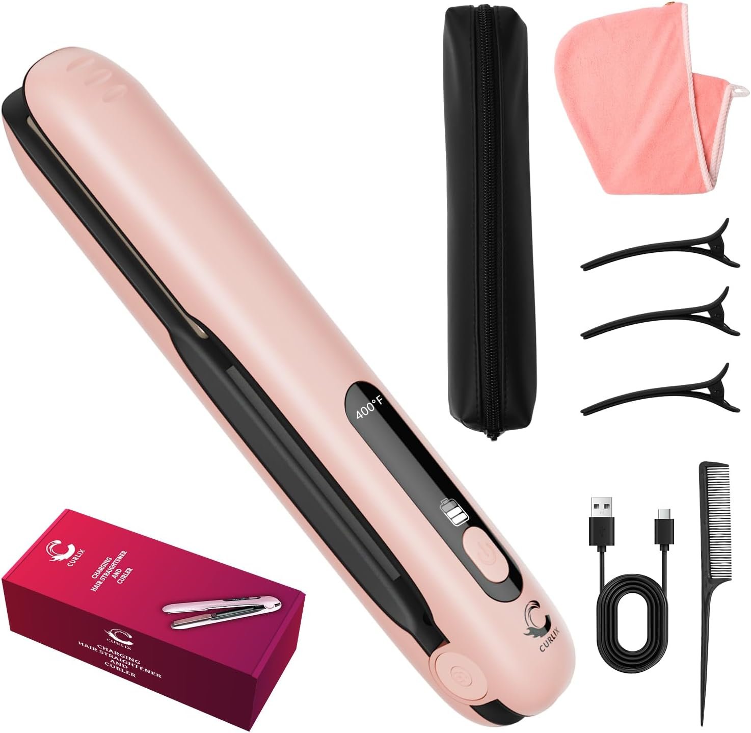 2-in-1 Cordless Hair Straightener & Curler – Includes Carrying Pouch – Mini Portable Hair Straightener, USB-C Charging, 4 Temp Modes up to 400°F, Travel Flat Iron, Wireless, Rechargeable Battery
