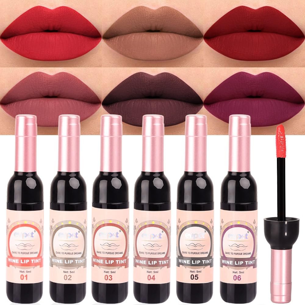 evpct 6Pcs Wine Bottle Lip Tint Stain Set Long Lasting Lipstick 24 hour Waterproof for Women, Ruby Dark Deep Rose Red Plum Purple Brown Matte Lipstick 24 Hours Lipsticks Lip Liner Stain Peel off