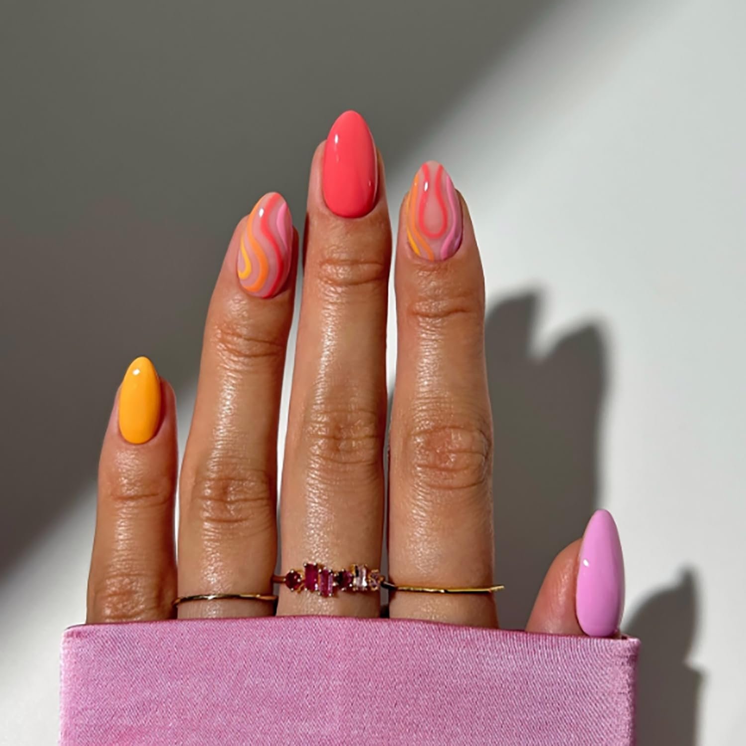 24 Pcs Press on Nails Almond Fake Nails RIICFDD Medium False Nails with Colorful Candy Color Curve Design Cute Acrylic Full Cover Glue on Nails for Women Girls Nail Art