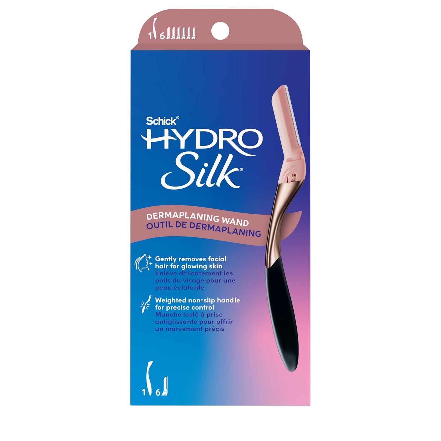 Schick Hydro Silk Dermaplaning Wand, Dermaplaning Tool for Face | Dermaplane Razor for Women Face, Eyebrow Razor, Peach Fuzz Remover, Includes 1 Weighted Metal Handle with 6 Refill Blades