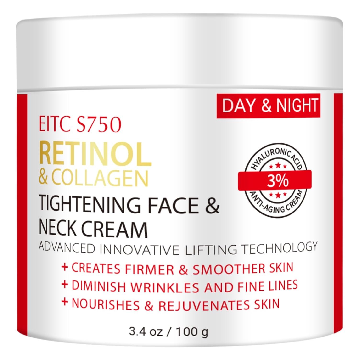 Retinol Cream for Face, Anti-Aging Neck Cream for Tightening and Firming with Collagen & Hyaluronic Acid, Instant Face Lift Cream Face Moisturizer for Women & Men, Rapid Wrinkle Repair 3.4 fl. oz.