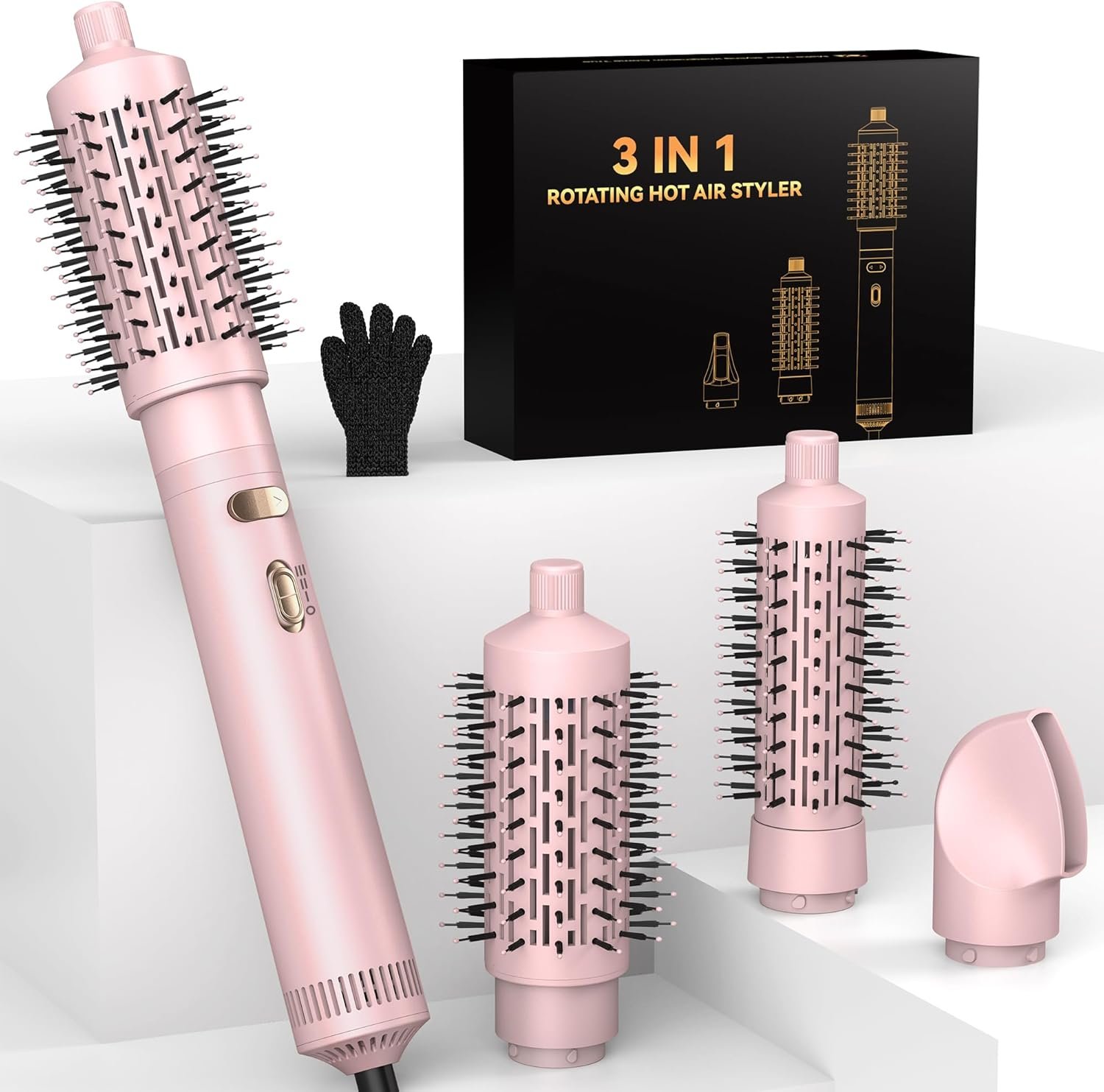 4 in 1 Rotating Hair Dryer Brush Spinning with Detachable Brush(2″ & 1.5″),Negative Ionic Brush Blow Dryer 100-120V,3 Heats and 2 Speeds Rotating Hot Air Brush for Curling,Straight,Drying