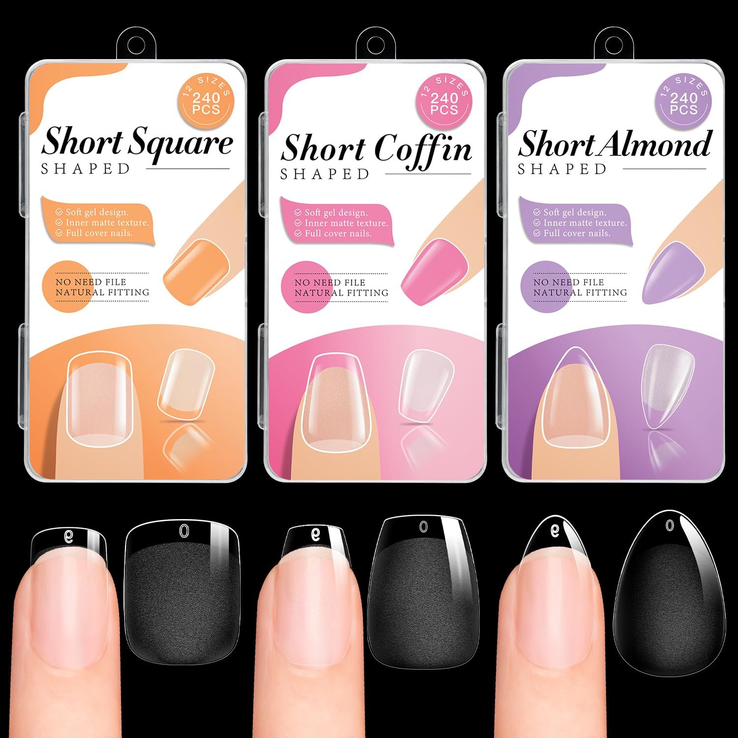 krofaue 3 Styles Short Nail Tips Kit – 720PCS Half Matte Coffin, Almond, Square Fake Nails Full Cover Press on Extension for Soft Gel Tips Set Art DIY Home