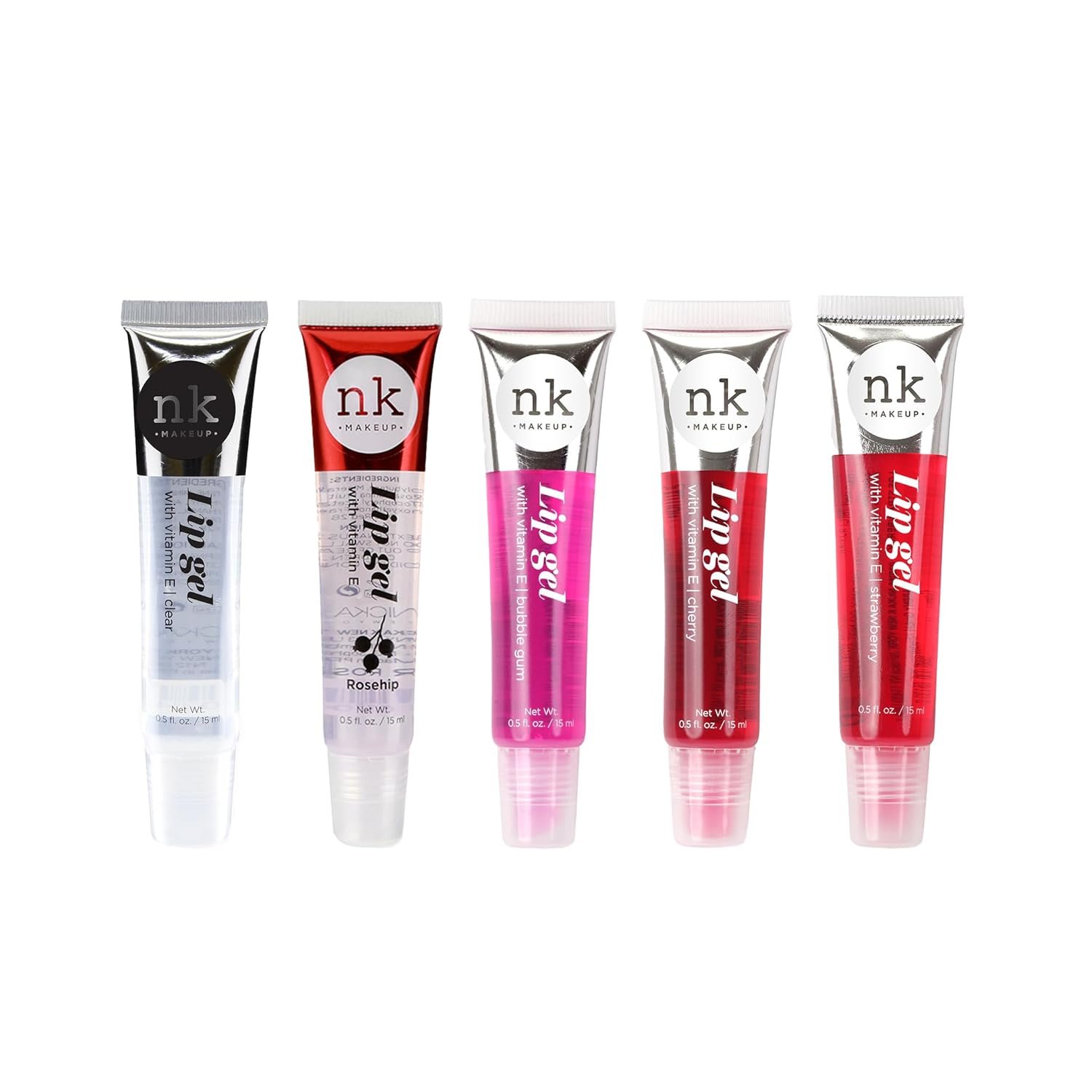 NICKA K NEW YORK VARIETY SET OF 5 NK Hydrating Lip Gel – Vitamin E (Clear, Rosehip Oil, Bubble Gum, Cherry, Strawberry)