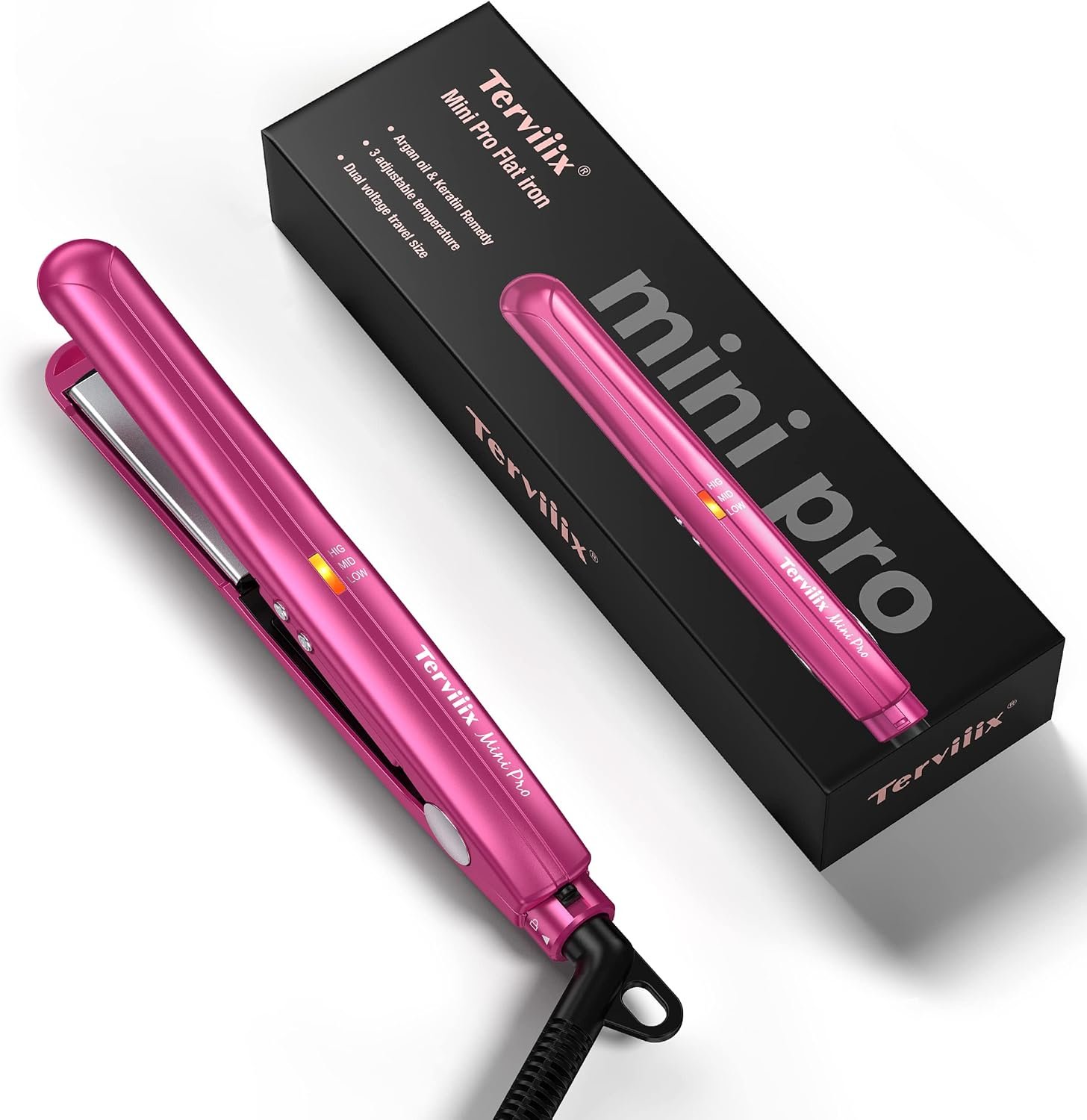 Terviiix Mini Flat Iron Adjustable Temperature, Travel-Size Mini Hair Straightener, Small Flat Irons for Short Hair/Curls Bangs, Ceramic Portable Tiny Hair Curler, Dual Voltage, Auto-Off, Pink, 1/2”
