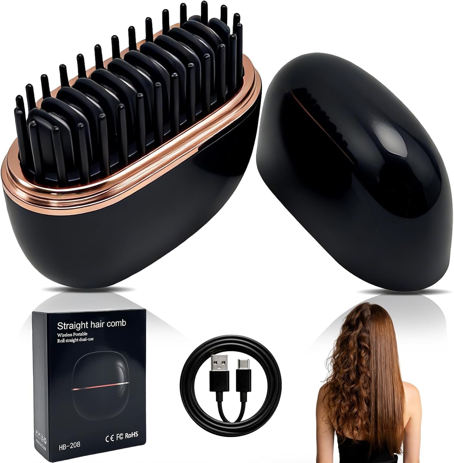Mini Hair Straightener,Mini Straightener Brush,Rechargeable Portable Straightening Comb,3-Speed Temperature Control, Anti Scald Shell, Lightweight & Portable for Home Travel Gift (Black)