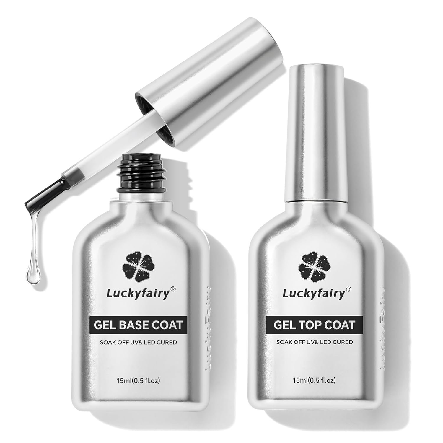 No Wipe Gel Top Coat and Base Coat Set: 2Pcs 15ml Rubber Base, Super Shiny Long Lasting Top Coat Gel Nail Polish, Acid-free Nail Strengthener Soak Off Lamp Needed, Nail Art Design Gift