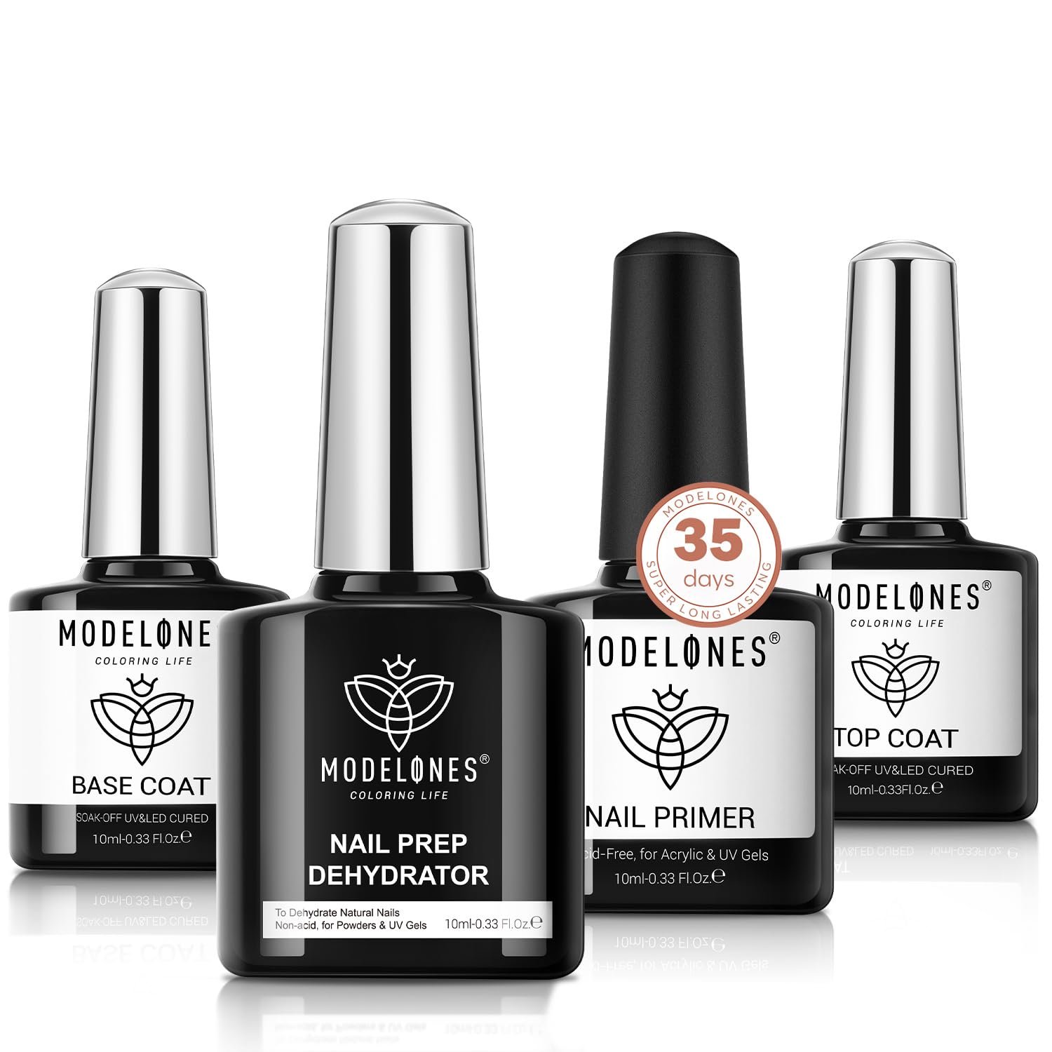 modelones Nail Dehydrator and Primer with Gel Base & Top Coat Set, Acid Free Acrylic Supplies Primer Glossy Gel Nail Polish Nail Thickening Solution Top Coat Builder